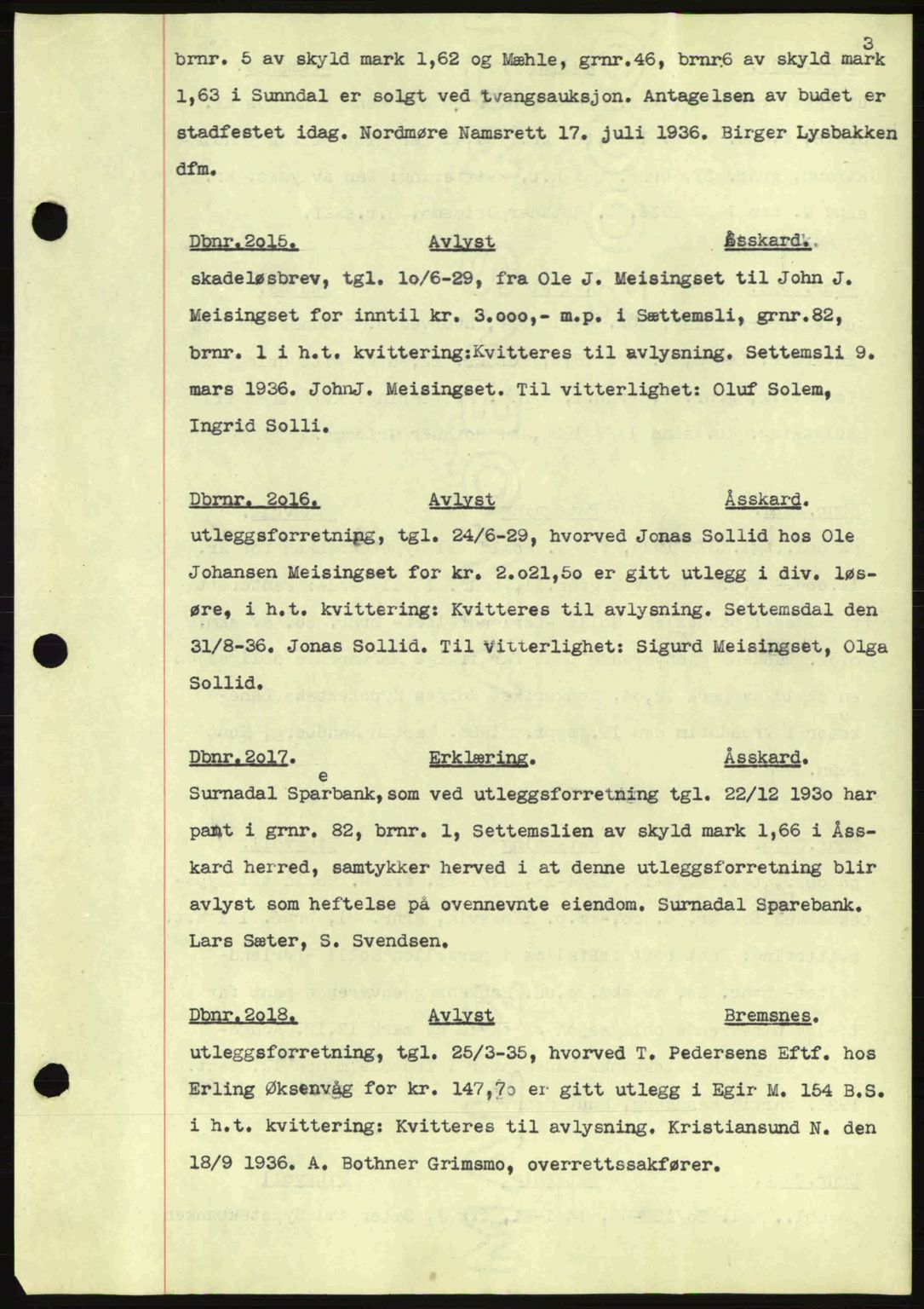 Nordmøre sorenskriveri, SAT/A-4132/1/2/2Ca: Pantebok nr. C80, 1936-1939, Dagboknr: 2015/1936