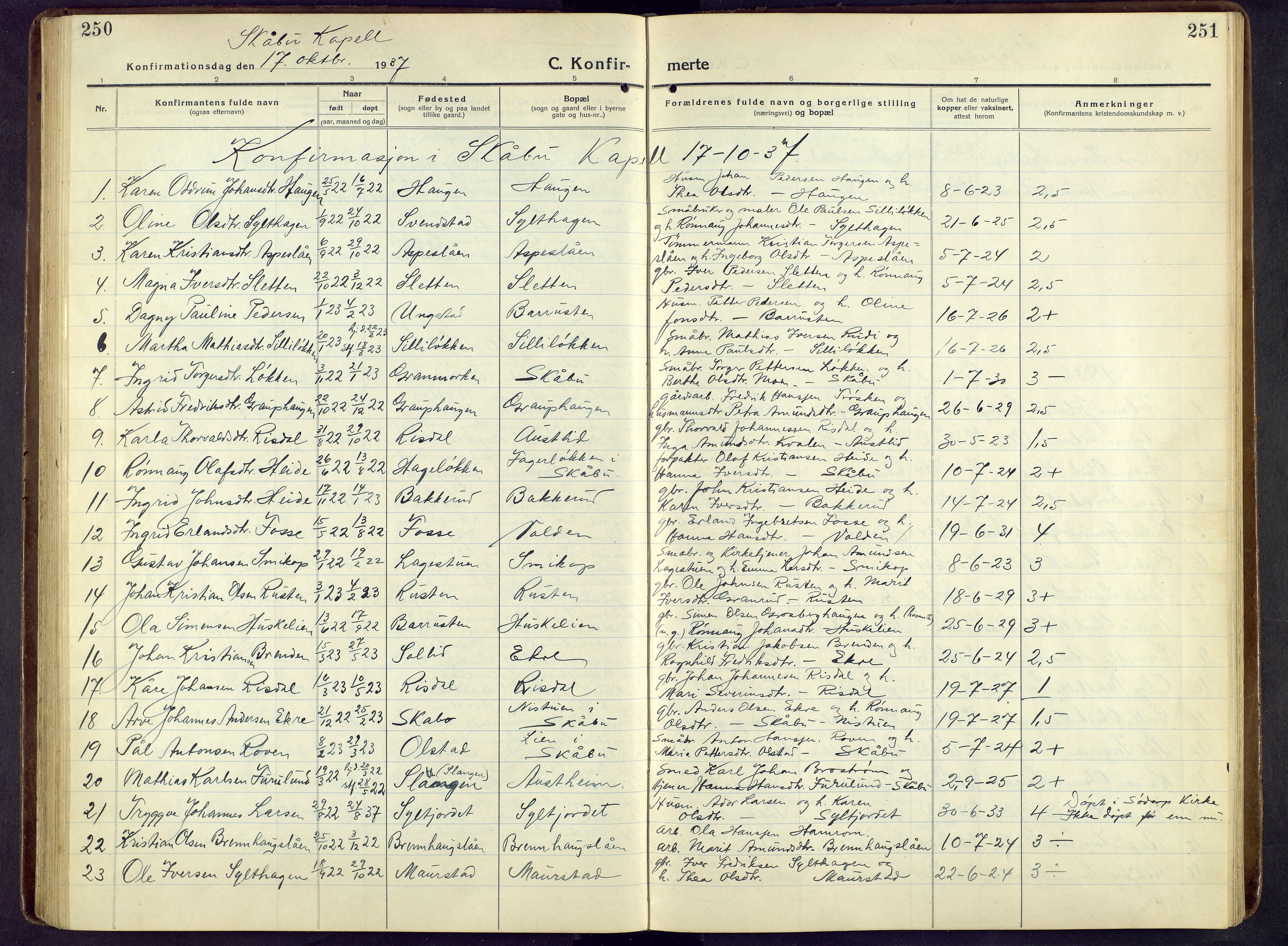 Nord-Fron prestekontor, SAH/PREST-080/H/Ha/Hab/L0009: Klokkerbok nr. 9, 1915-1958, s. 250-251