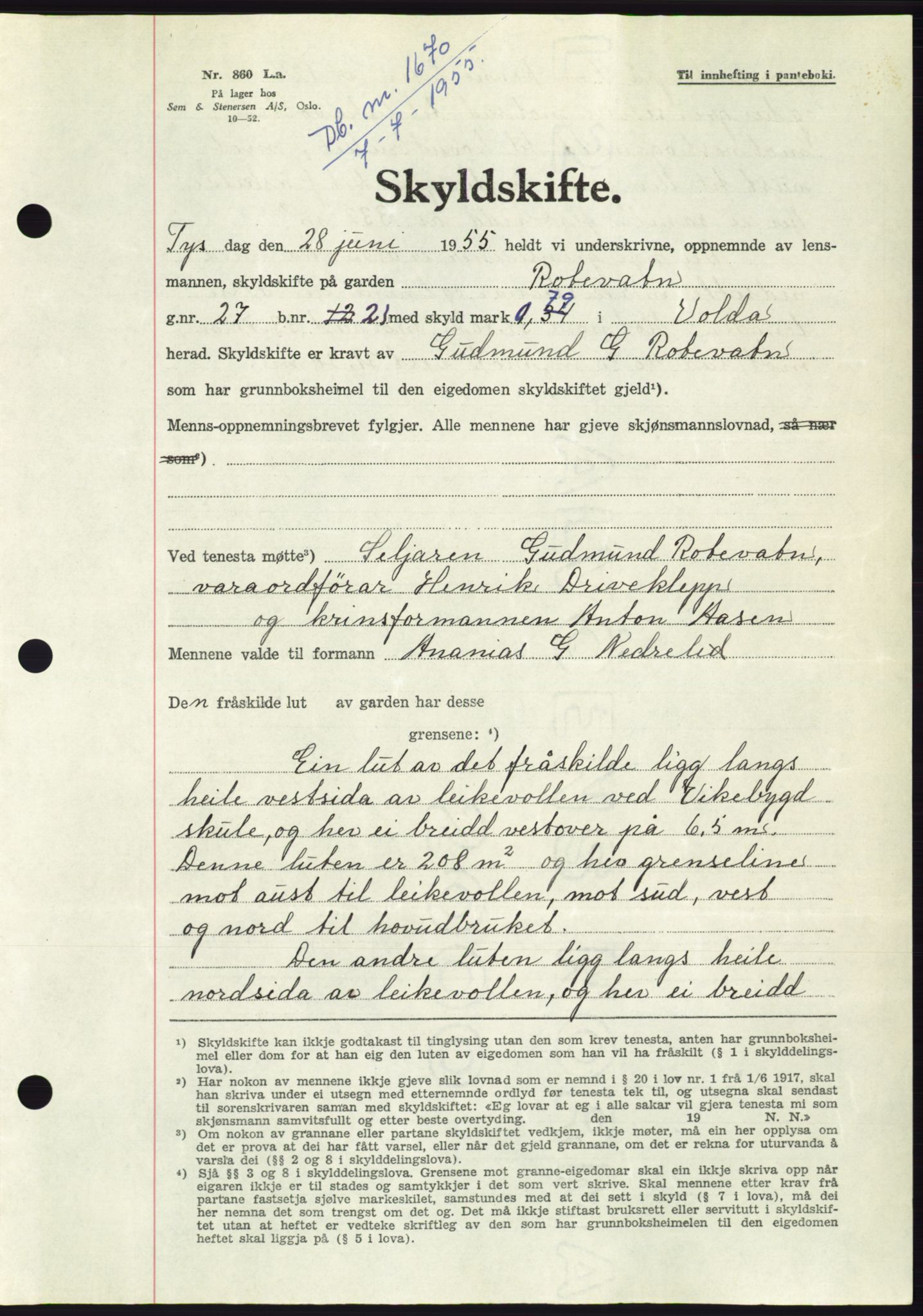 Søre Sunnmøre sorenskriveri, AV/SAT-A-4122/1/2/2C/L0101: Pantebok nr. 27A, 1955-1955, Dagboknr: 1670/1955