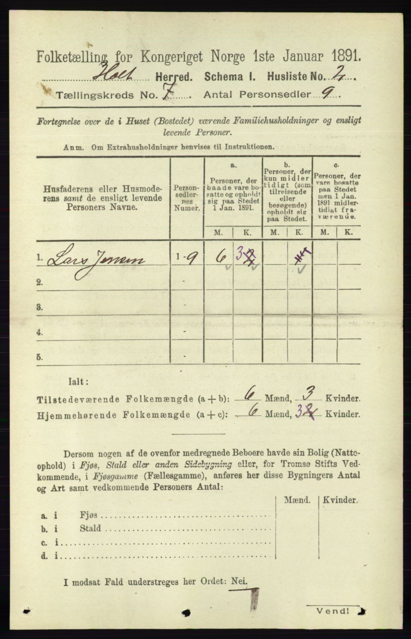 RA, Folketelling 1891 for 0914 Holt herred, 1891, s. 3296