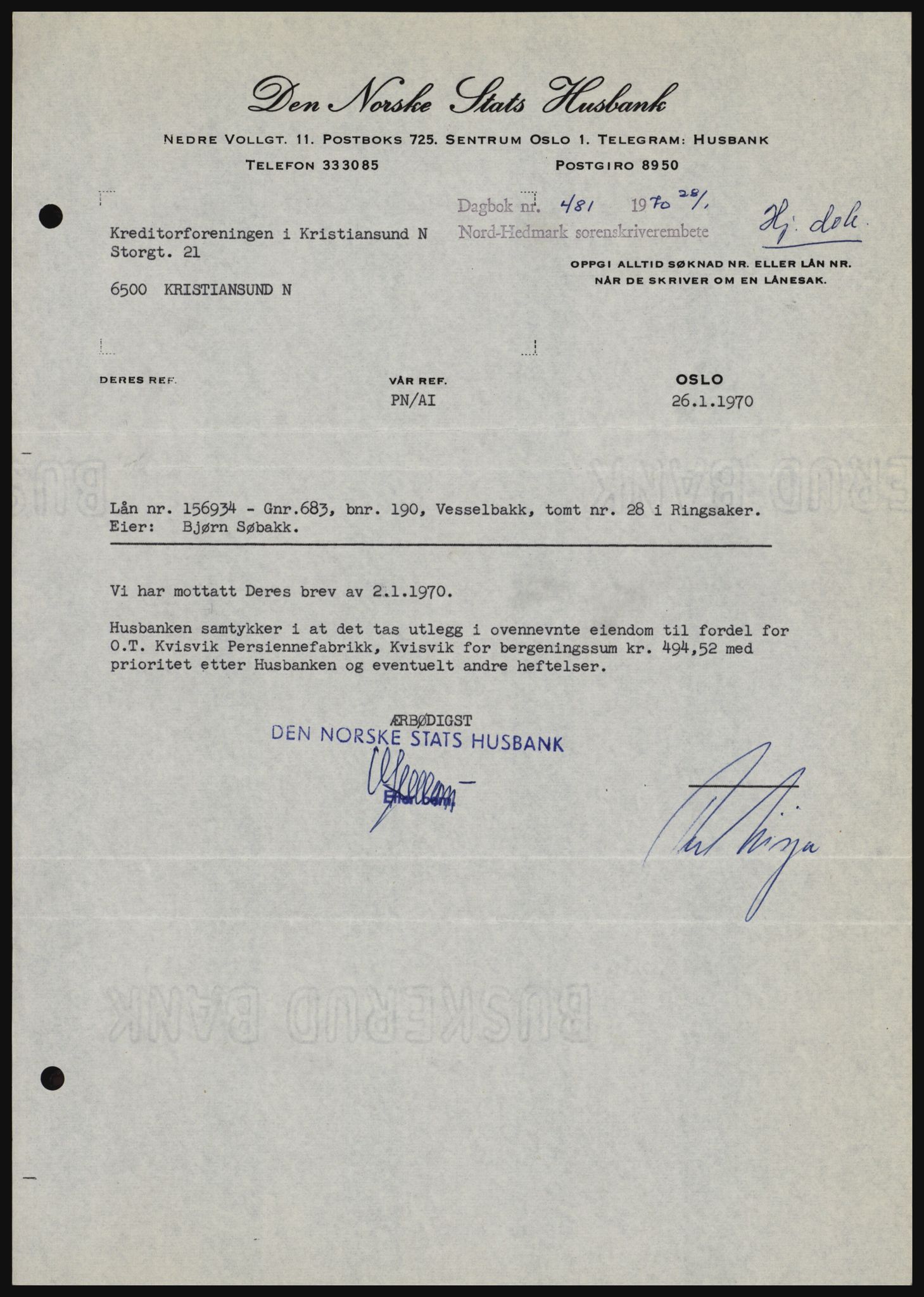 Nord-Hedmark sorenskriveri, SAH/TING-012/H/Hc/L0033: Pantebok nr. 33, 1970-1970, Dagboknr: 481/1970