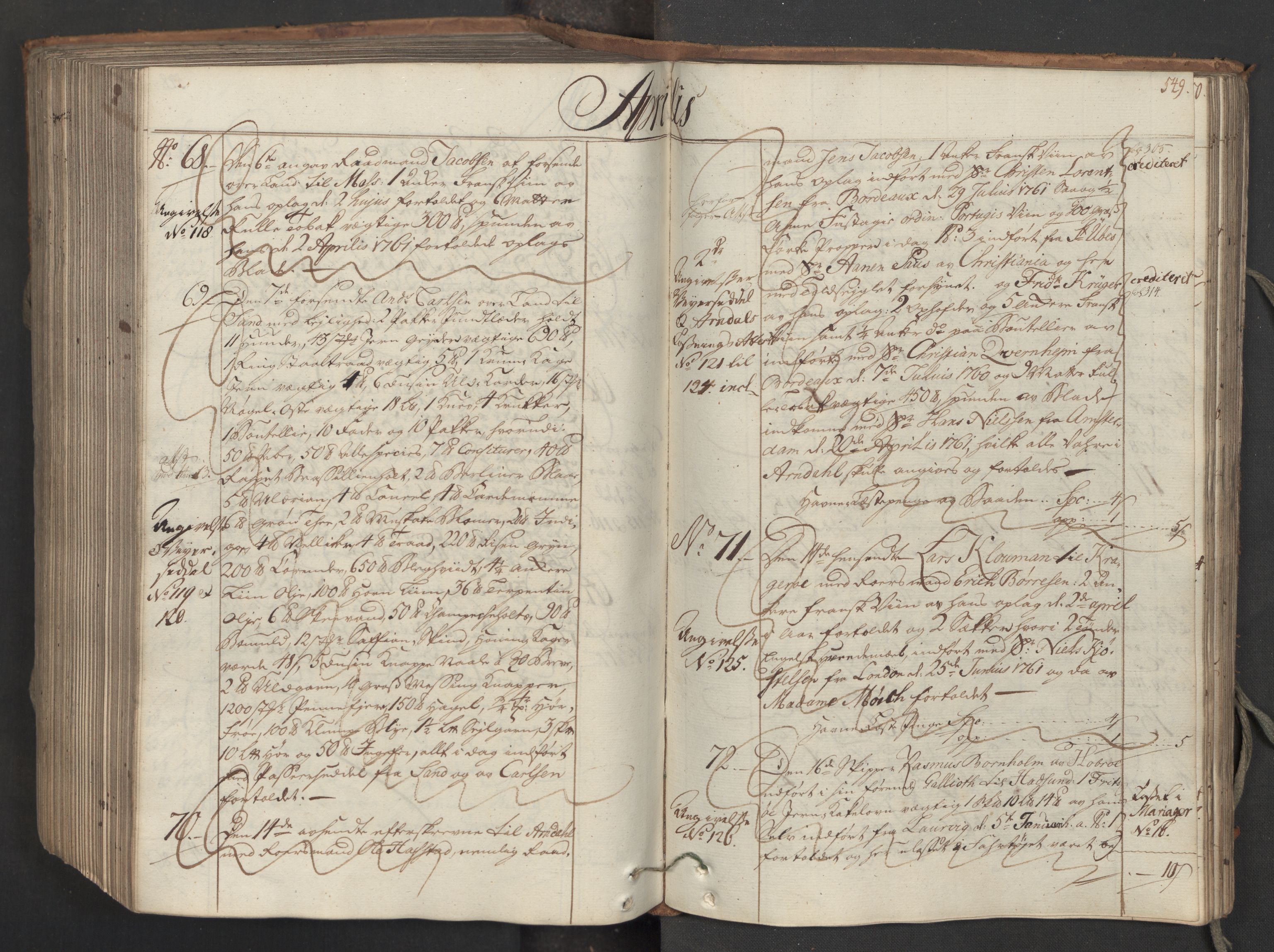 Generaltollkammeret, tollregnskaper, AV/RA-EA-5490/R06/L0062/0001: Tollregnskaper Kristiania / Inngående hovedtollbok, 1762, s. 548b-549a