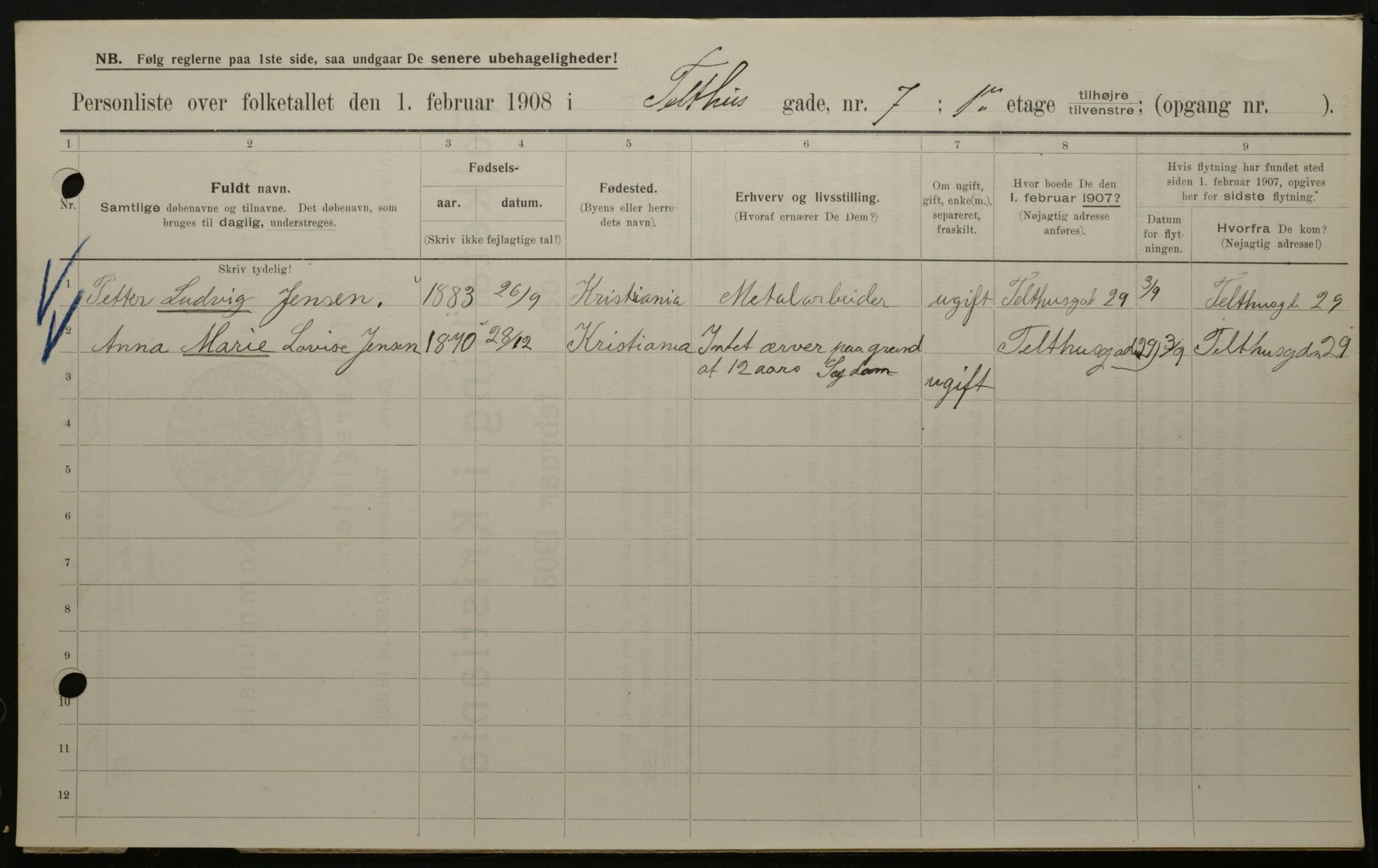 OBA, Kommunal folketelling 1.2.1908 for Kristiania kjøpstad, 1908, s. 96721