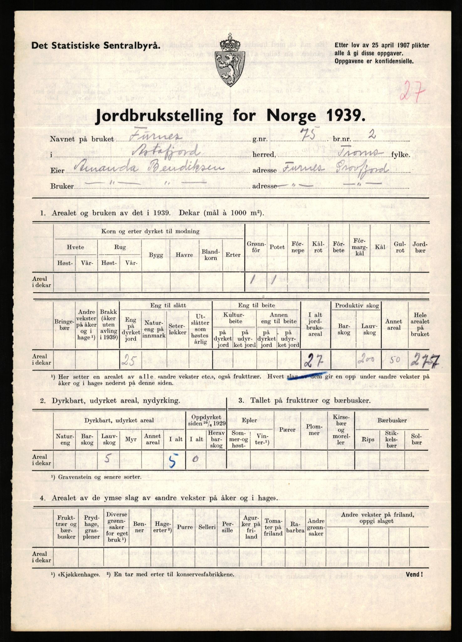 Statistisk sentralbyrå, Næringsøkonomiske emner, Jordbruk, skogbruk, jakt, fiske og fangst, AV/RA-S-2234/G/Gb/L0339: Troms: Andørja, Astafjord og Lavangen, 1939, s. 109