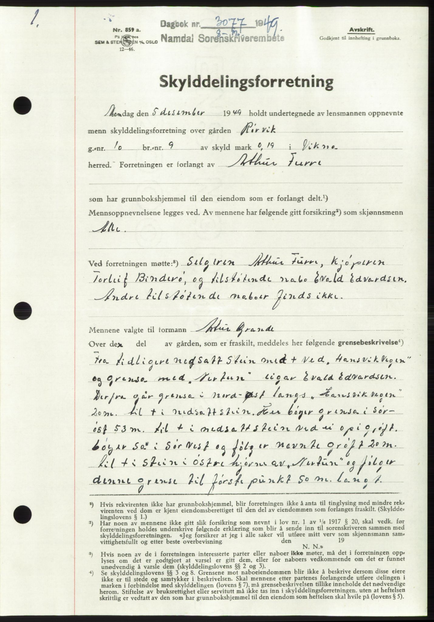 Namdal sorenskriveri, SAT/A-4133/1/2/2C: Pantebok nr. -, 1949-1949, Dagboknr: 3077/1949