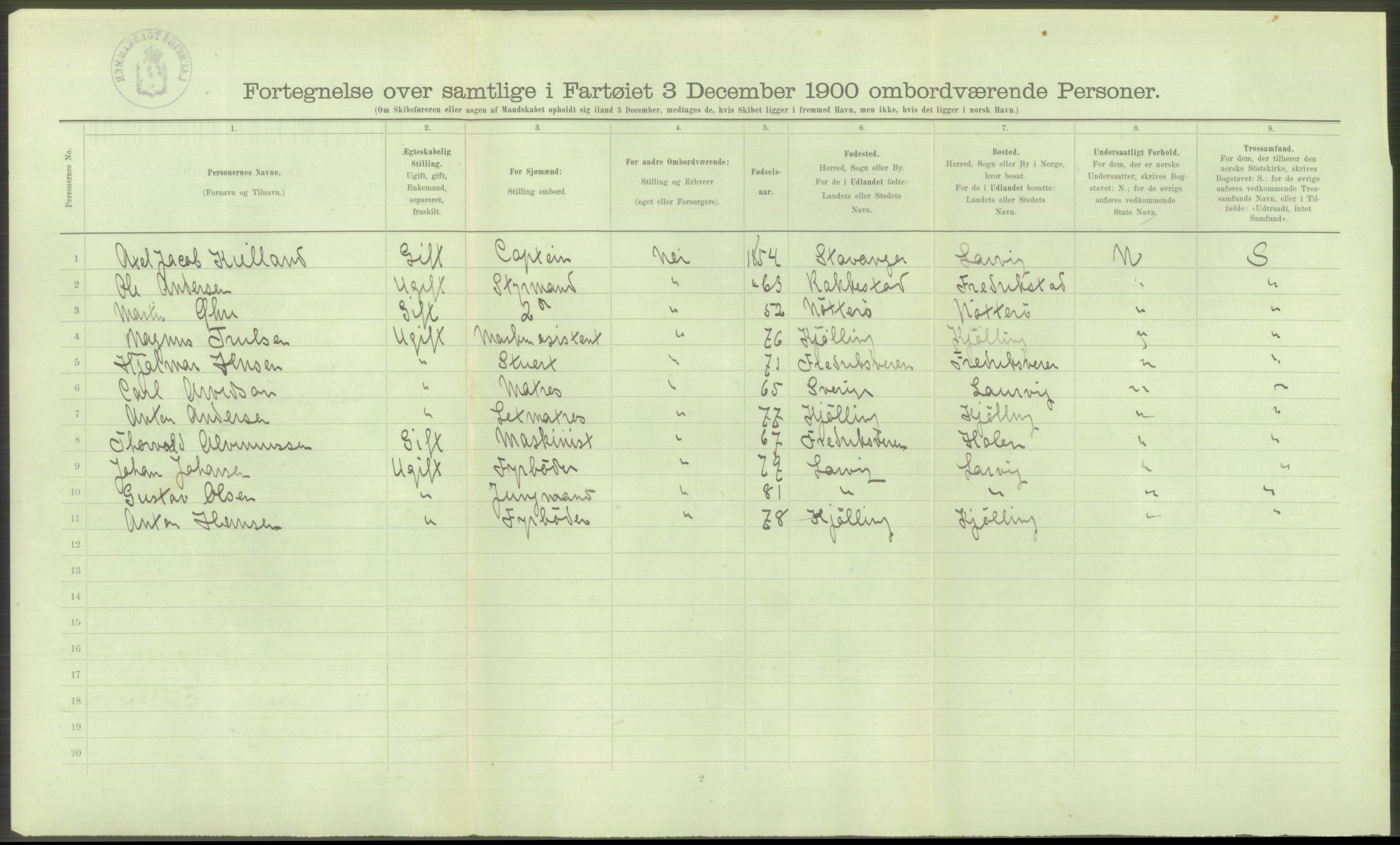 RA, Folketelling 1900 - skipslister med personlister for skip i norske havner, utenlandske havner og til havs, 1900, s. 548