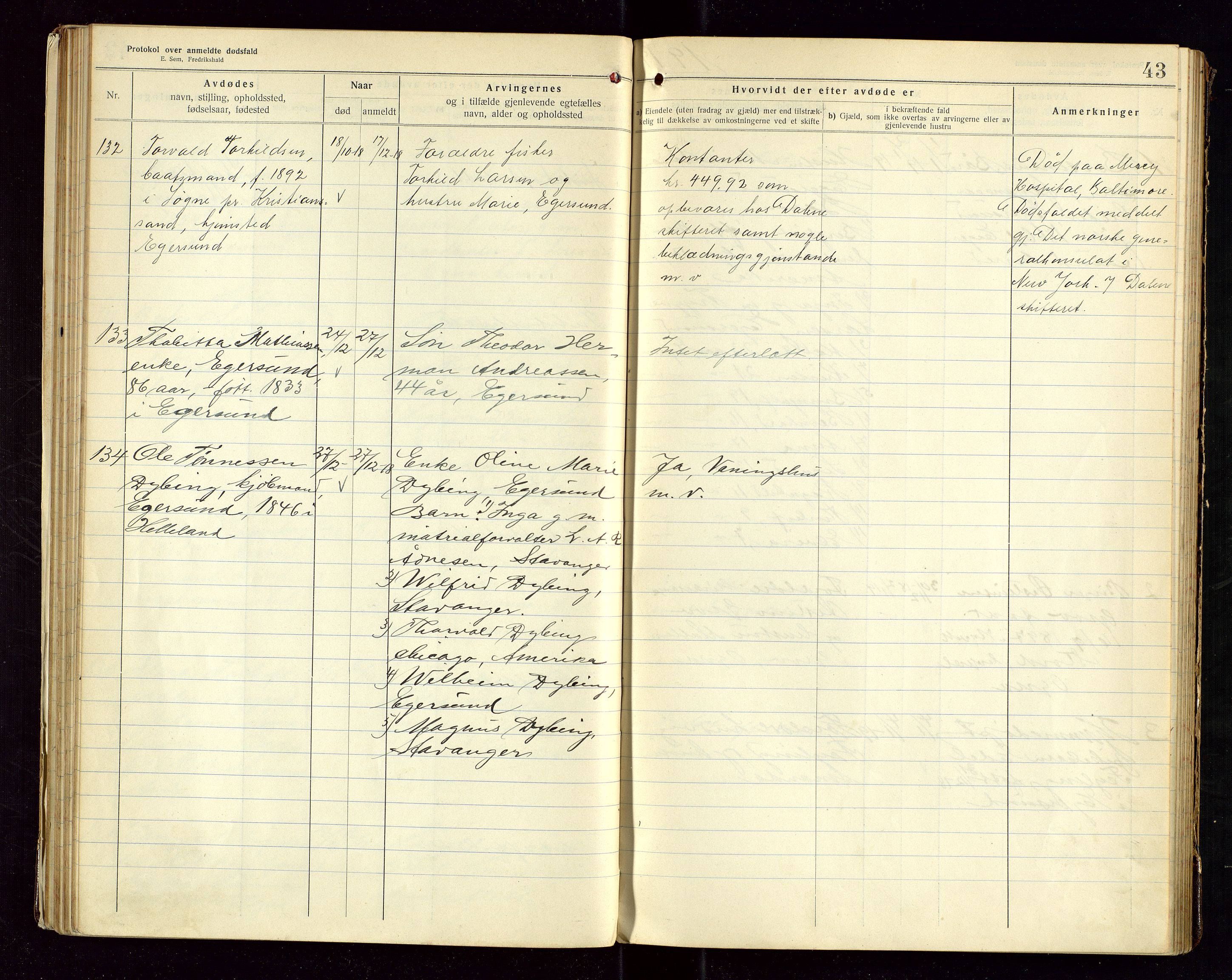Eigersund lensmannskontor, AV/SAST-A-100171/Gga/L0007: "Protokol over anmeldte dødsfald" m/alfabetisk navneregister, 1917-1920, s. 43