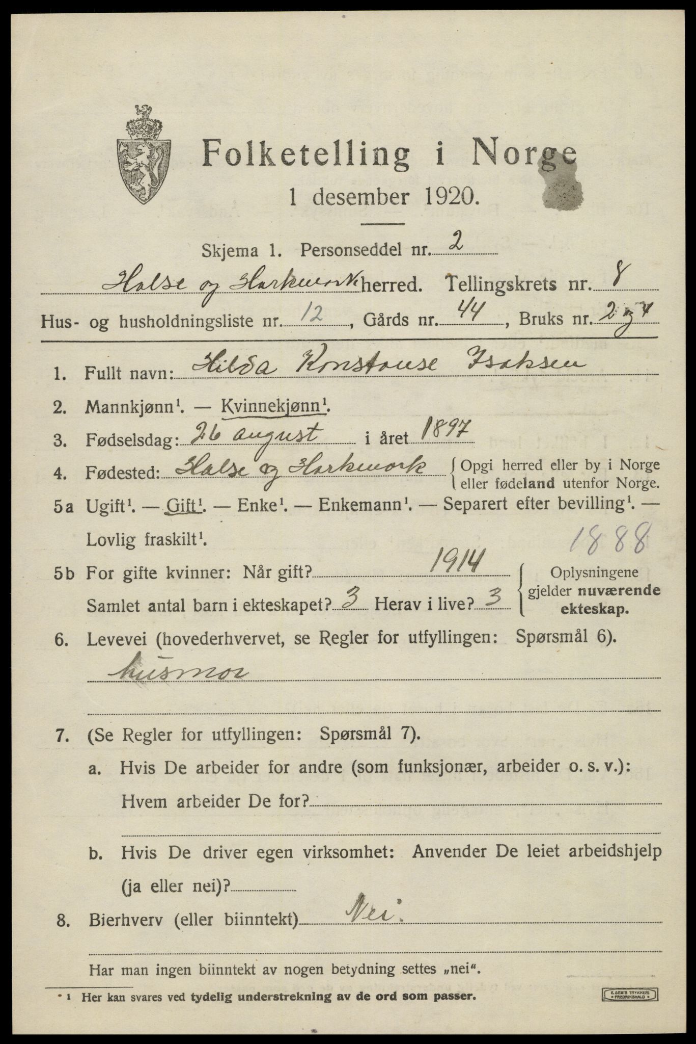 SAK, Folketelling 1920 for 1019 Halse og Harkmark herred, 1920, s. 4433