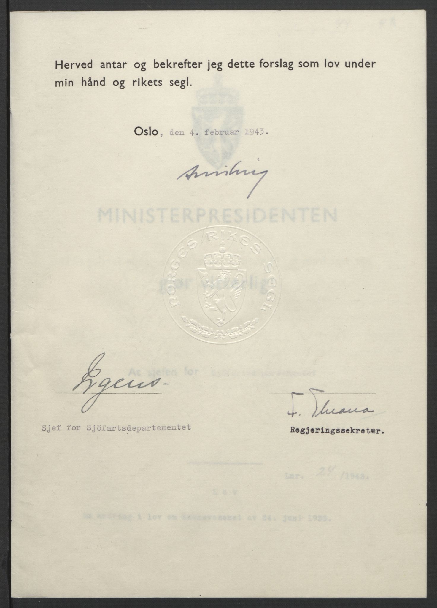 NS-administrasjonen 1940-1945 (Statsrådsekretariatet, de kommisariske statsråder mm), RA/S-4279/D/Db/L0099: Lover, 1943, s. 100