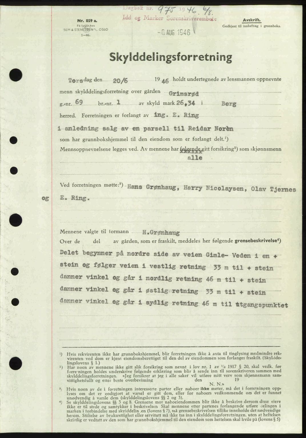 Idd og Marker sorenskriveri, SAO/A-10283/G/Gb/Gbb/L0008: Pantebok nr. A8, 1946-1946, Dagboknr: 975/1946