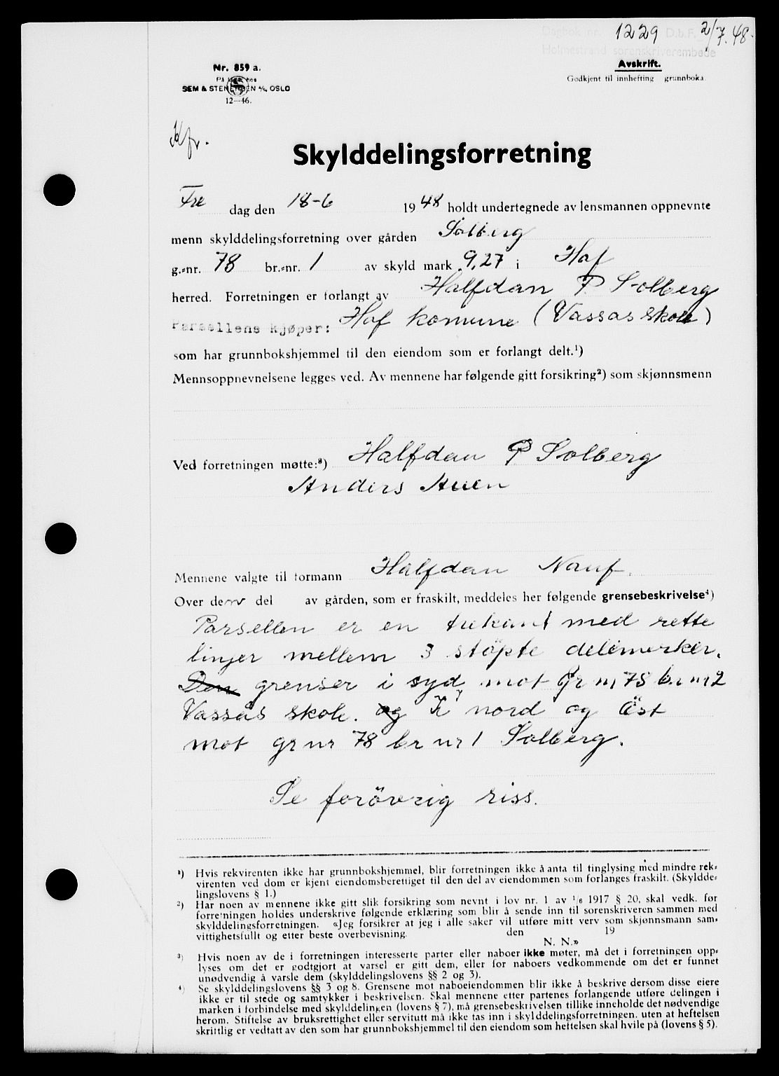 Holmestrand sorenskriveri, SAKO/A-67/G/Ga/Gaa/L0064: Pantebok nr. A-64, 1948-1948, Dagboknr: 1229/1948