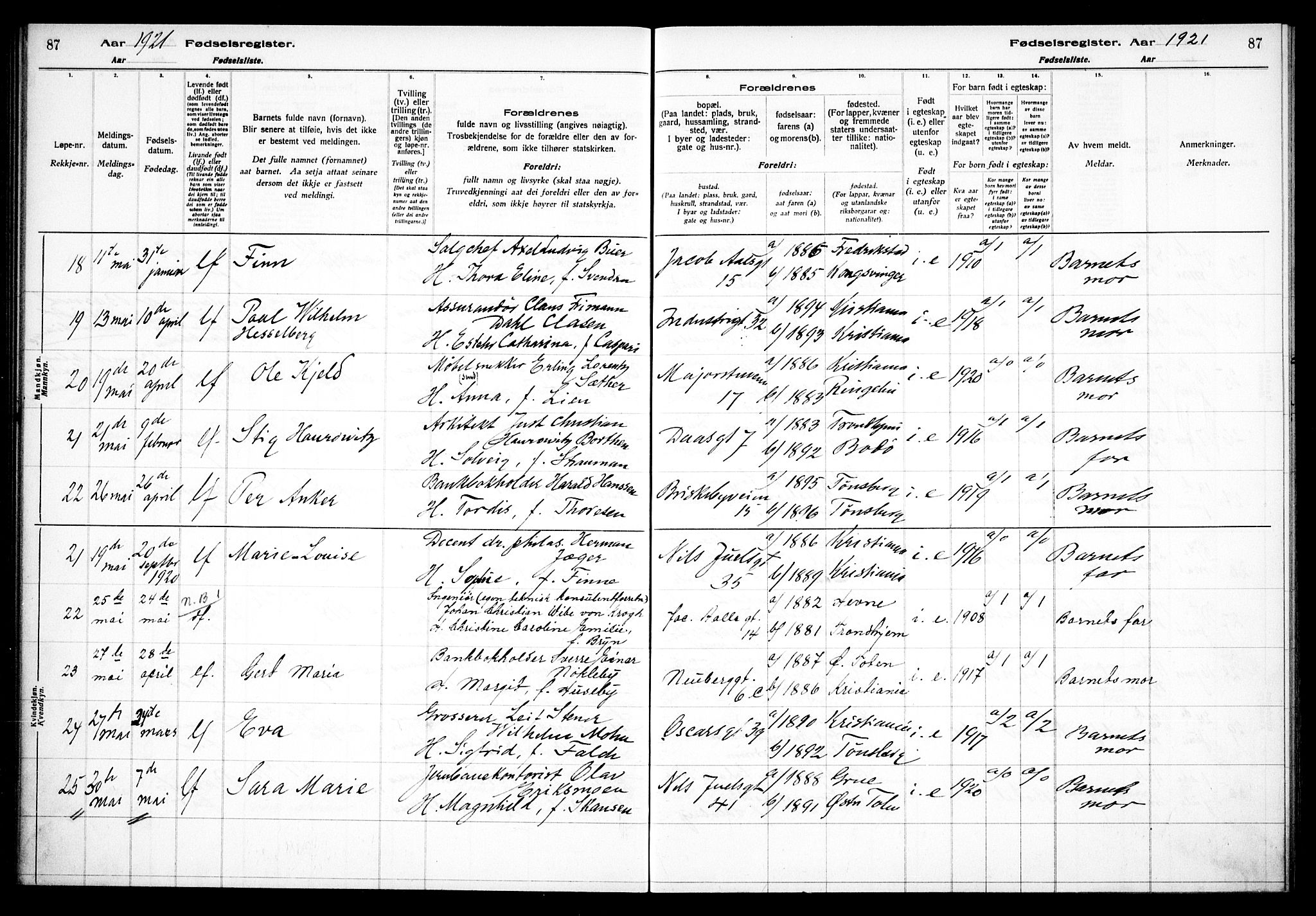 Uranienborg prestekontor Kirkebøker, AV/SAO-A-10877/J/Ja/L0001: Fødselsregister nr. 1, 1916-1930, s. 87