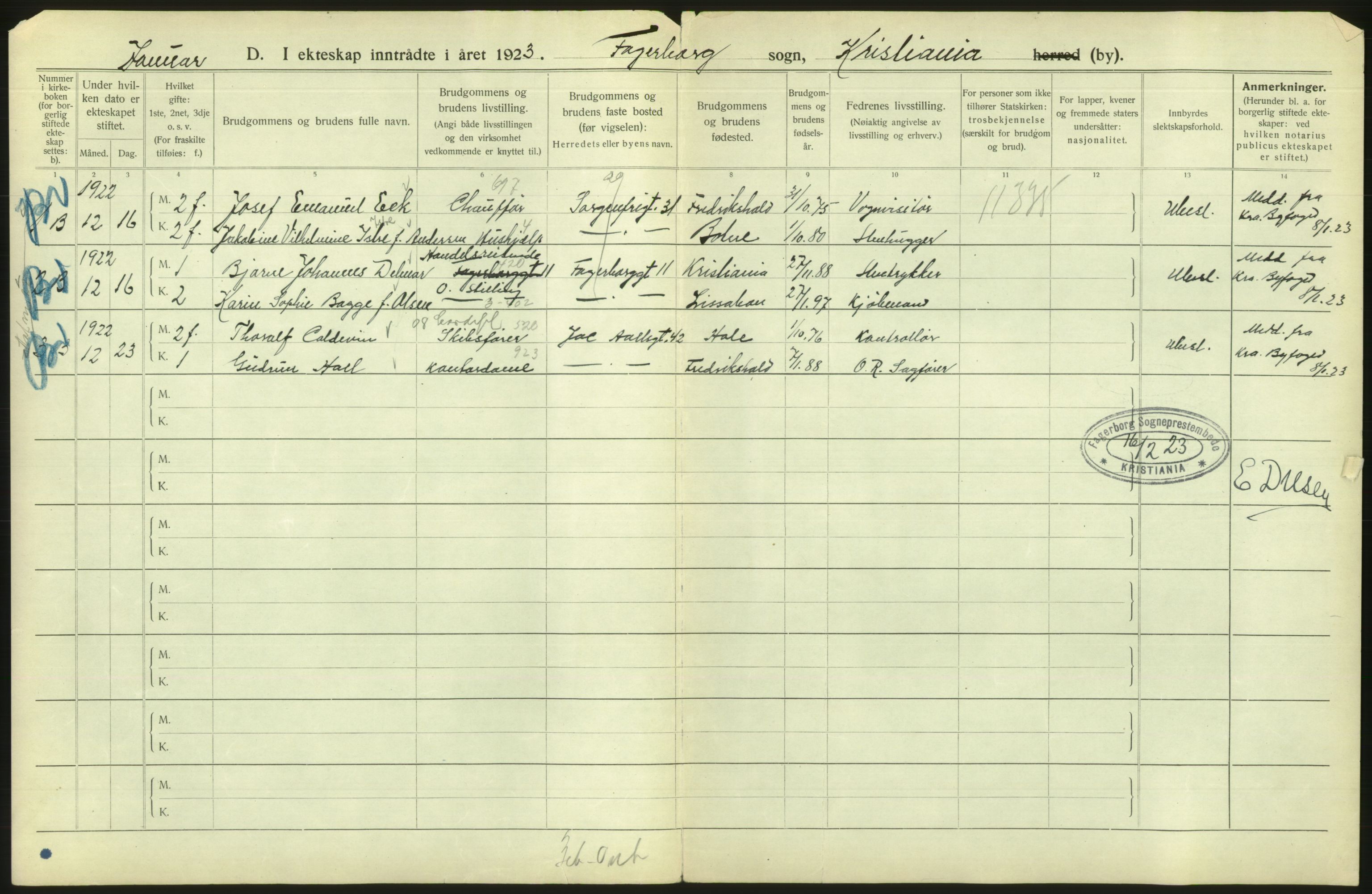 Statistisk sentralbyrå, Sosiodemografiske emner, Befolkning, AV/RA-S-2228/D/Df/Dfc/Dfcc/L0008: Kristiania: Gifte, 1923, s. 374