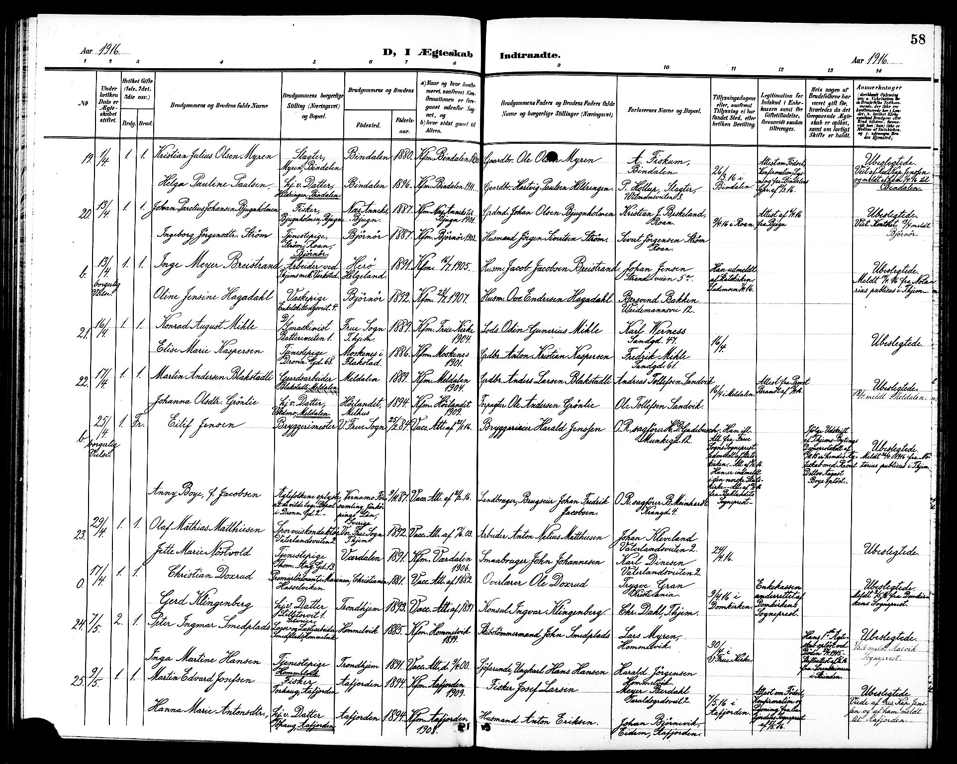 Ministerialprotokoller, klokkerbøker og fødselsregistre - Sør-Trøndelag, AV/SAT-A-1456/602/L0145: Klokkerbok nr. 602C13, 1902-1919, s. 58