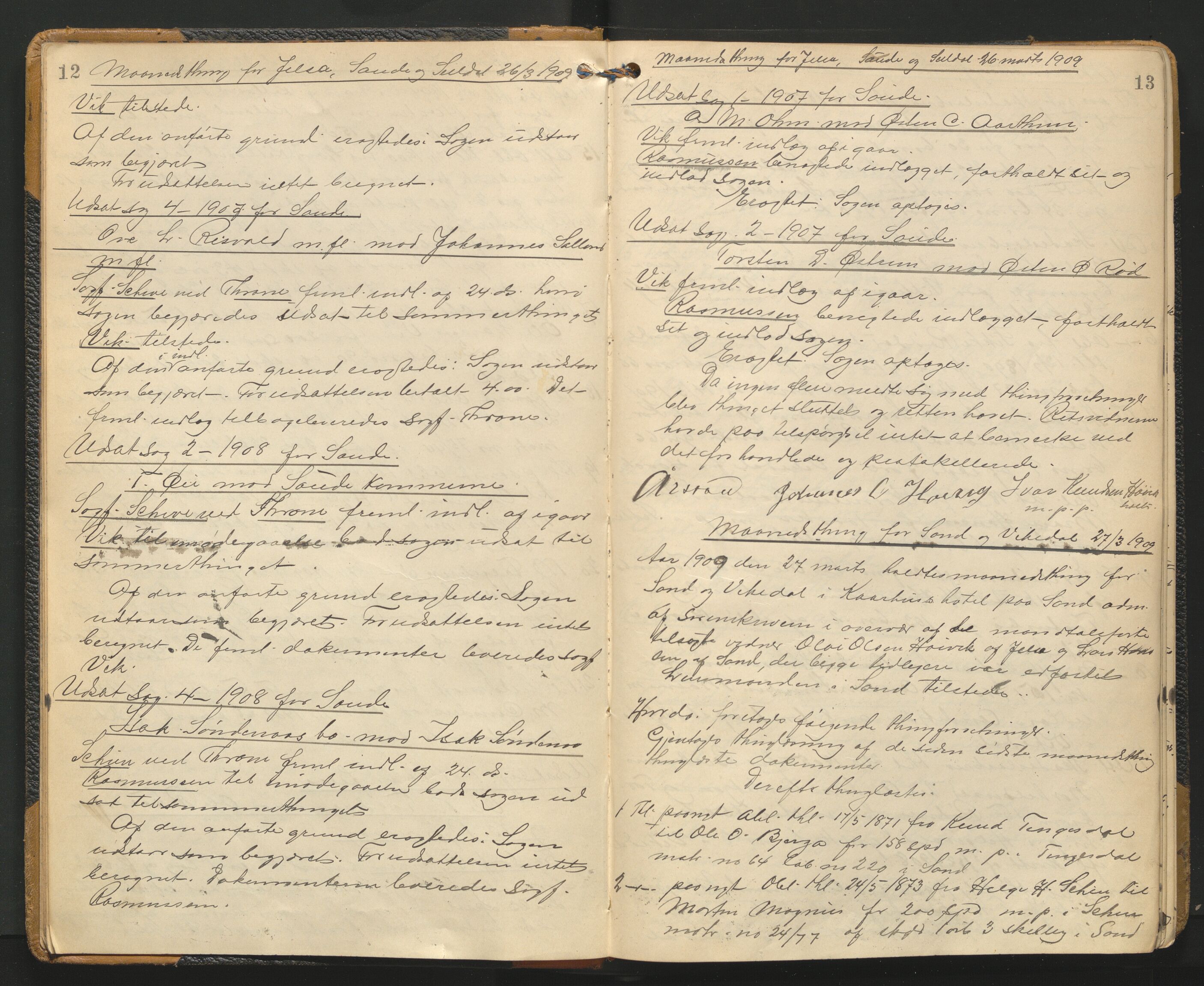 Ryfylke tingrett, AV/SAST-A-100055/001/I/IB/IB0/L0023: Tingbok, Ryfylke, 1909-1911, s. 12-13