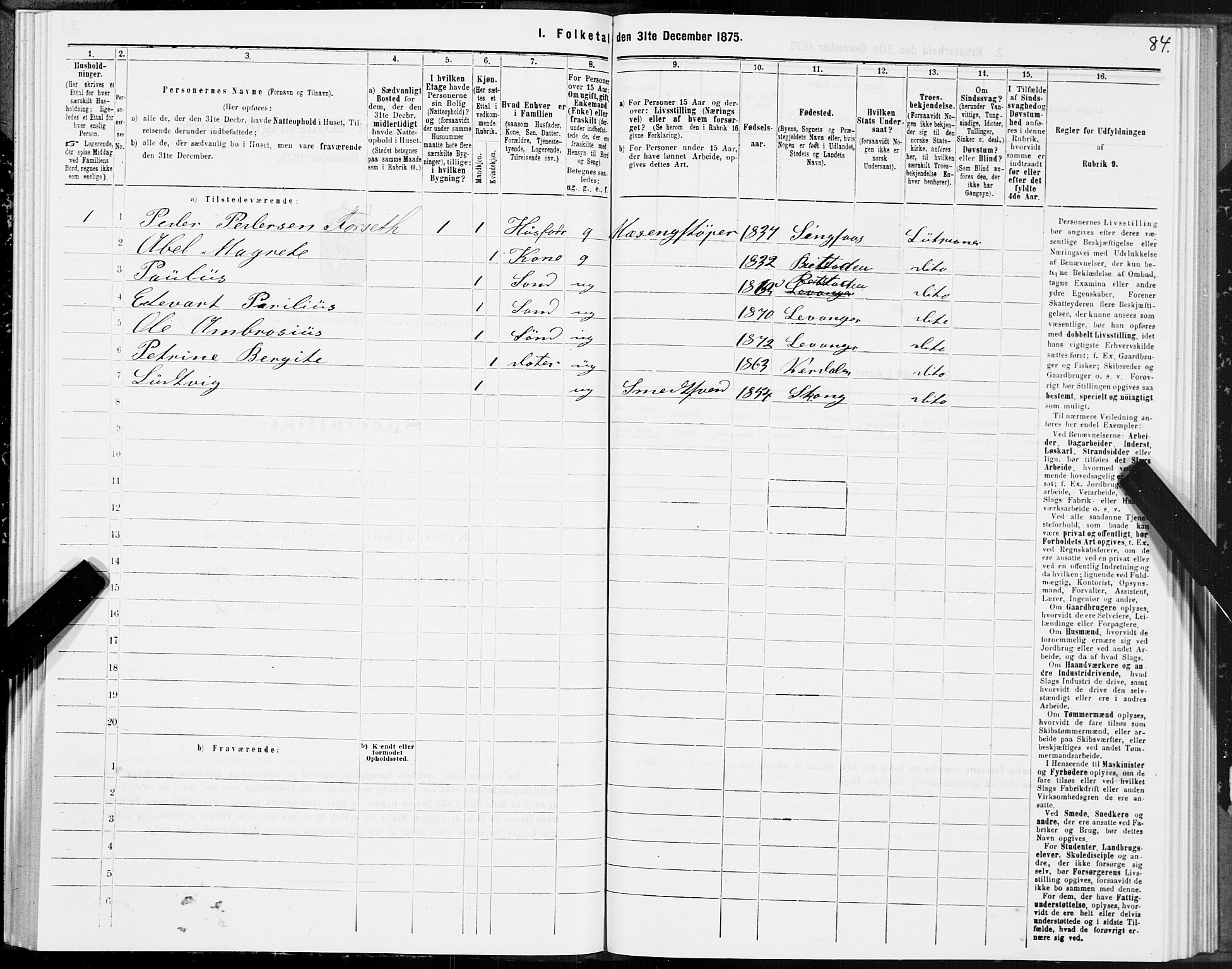 SAT, Folketelling 1875 for 1701B Levanger prestegjeld, Levanger kjøpstad, 1875, s. 84