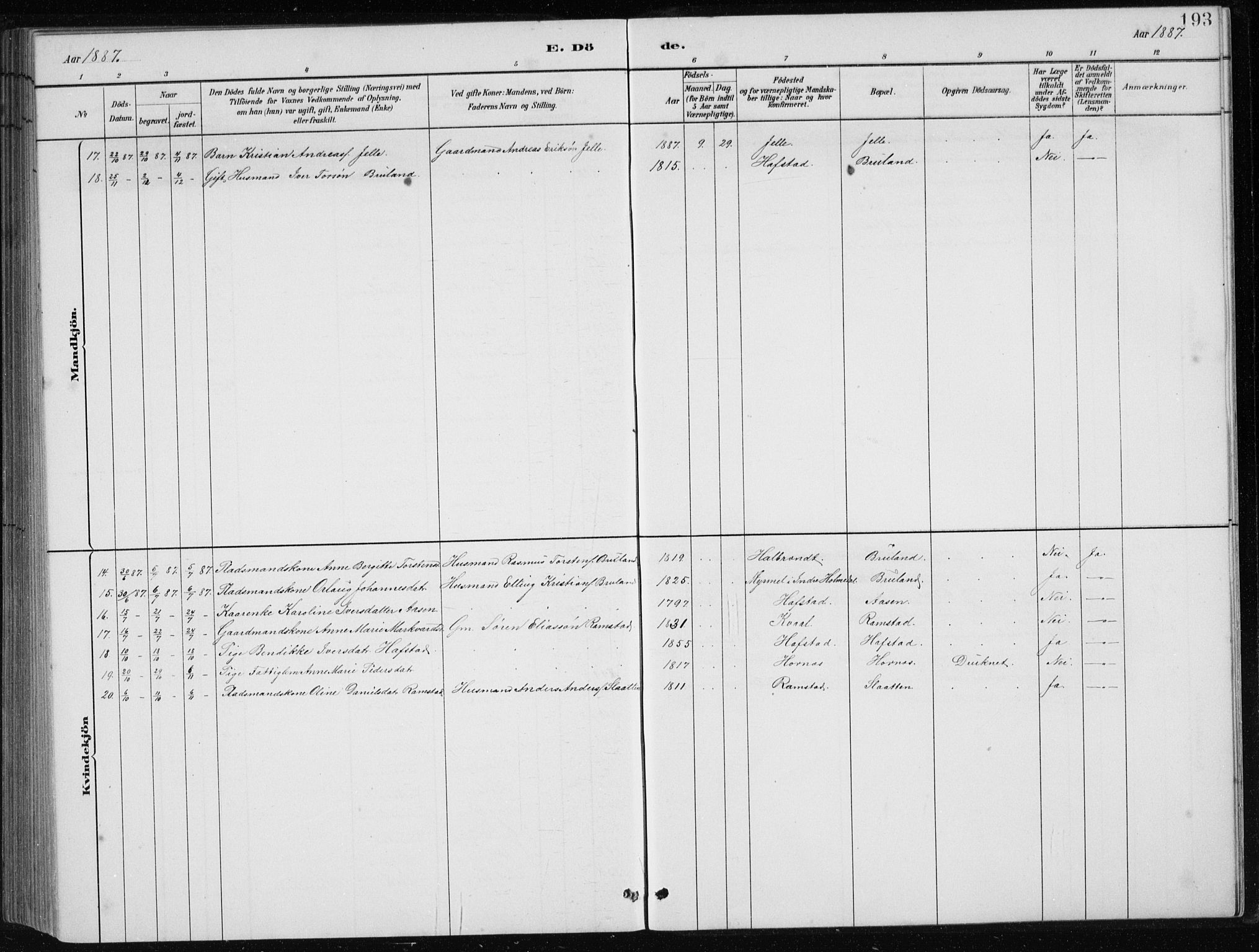 Førde sokneprestembete, SAB/A-79901/H/Hab/Haba/L0002: Klokkerbok nr. A 2, 1881-1898, s. 193