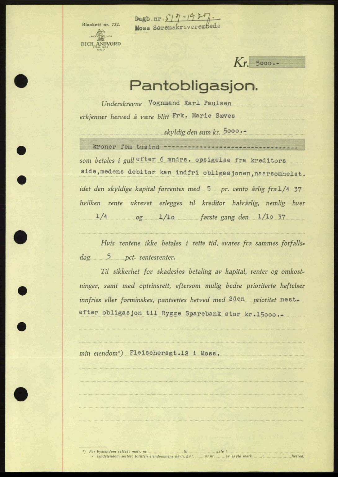 Moss sorenskriveri, SAO/A-10168: Pantebok nr. B3, 1937-1937, Dagboknr: 517/1937
