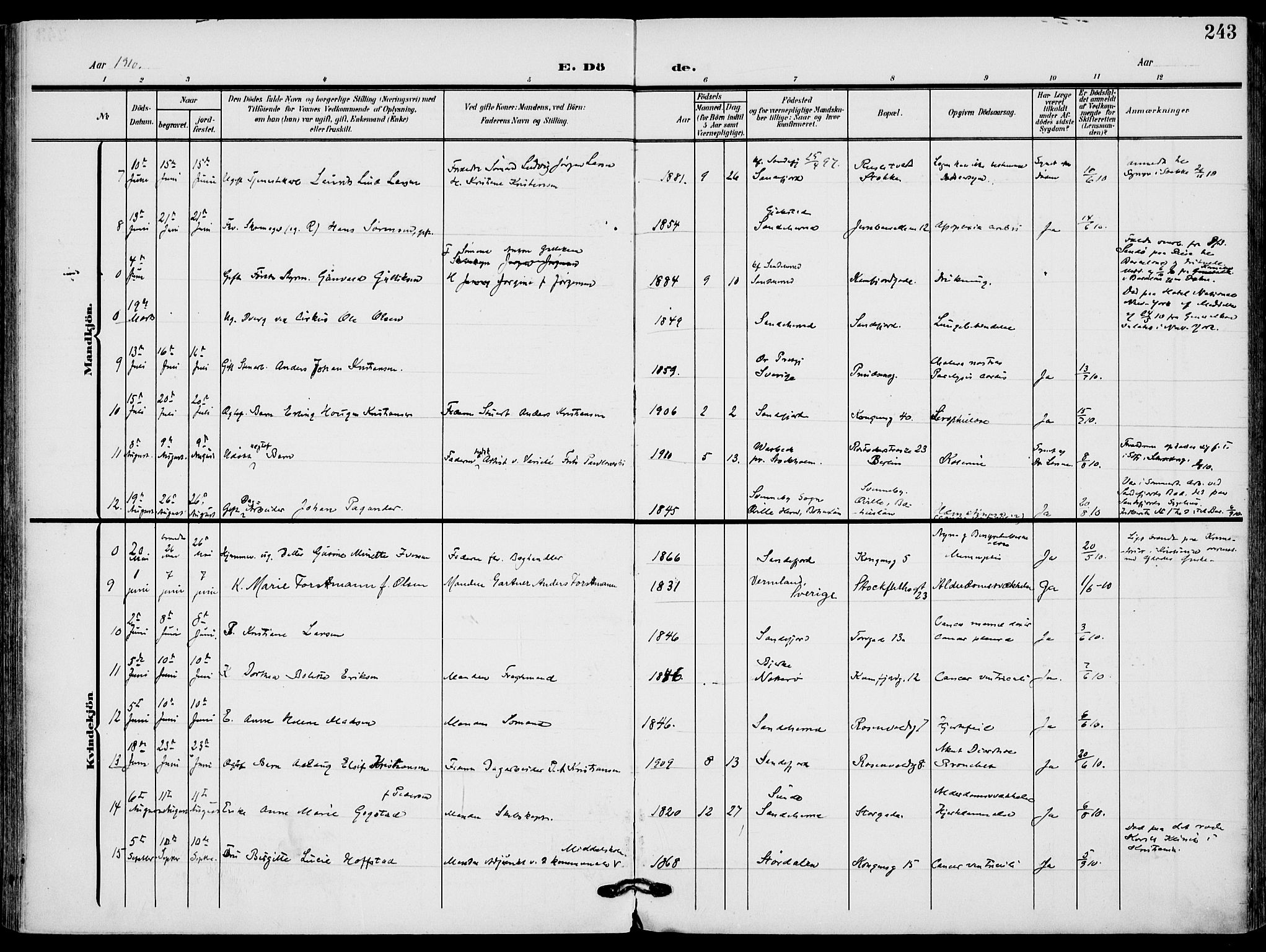 Sandefjord kirkebøker, AV/SAKO-A-315/F/Fa/L0005: Ministerialbok nr. 5, 1906-1915, s. 243