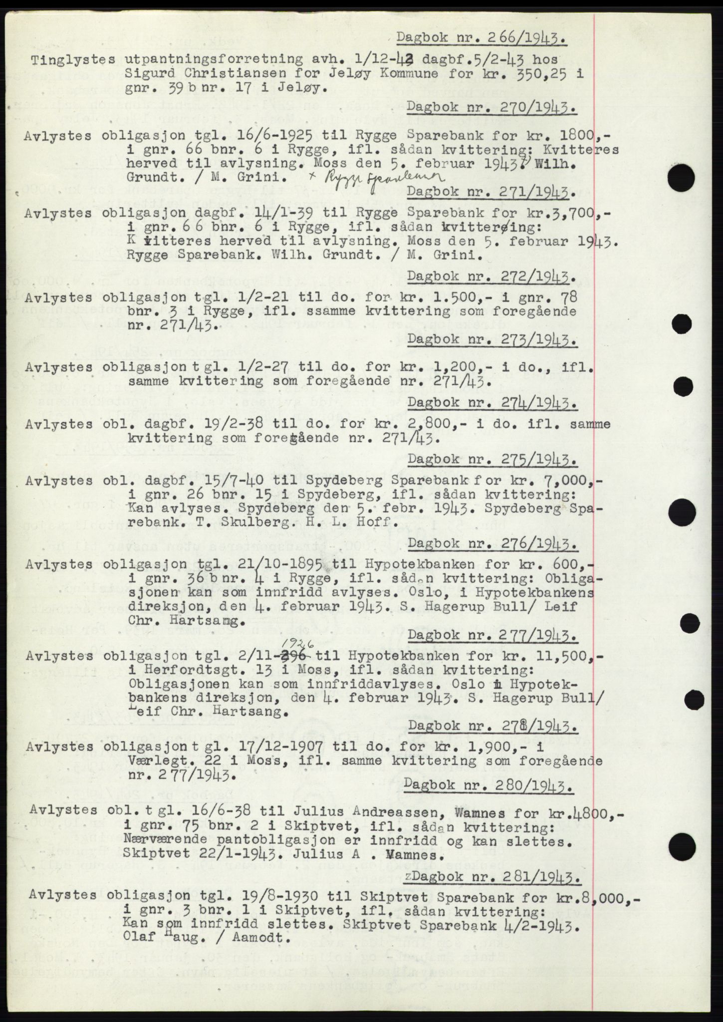 Moss sorenskriveri, SAO/A-10168: Pantebok nr. C10, 1938-1950, Dagboknr: 266/1943