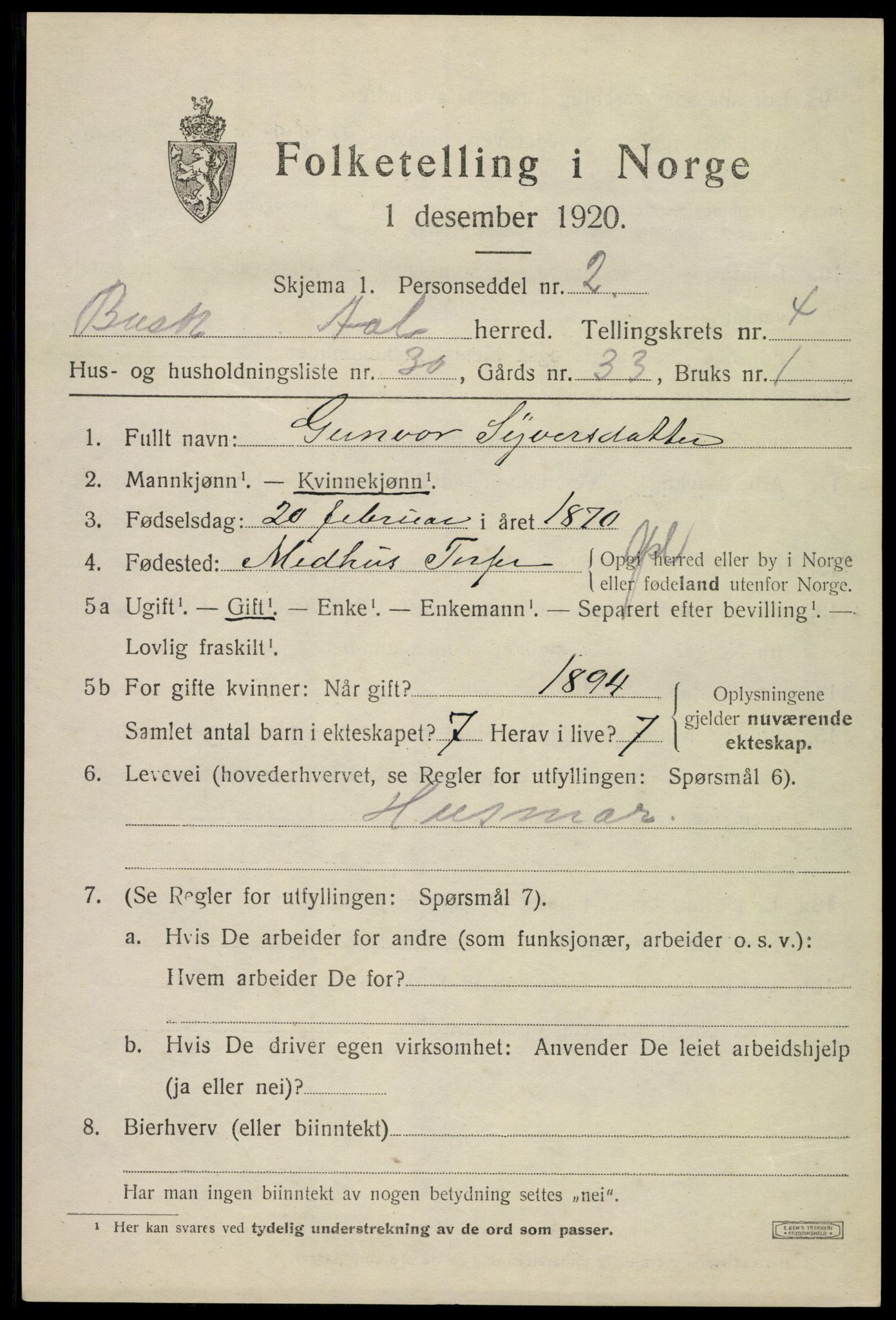 SAKO, Folketelling 1920 for 0619 Ål herred, 1920, s. 3324