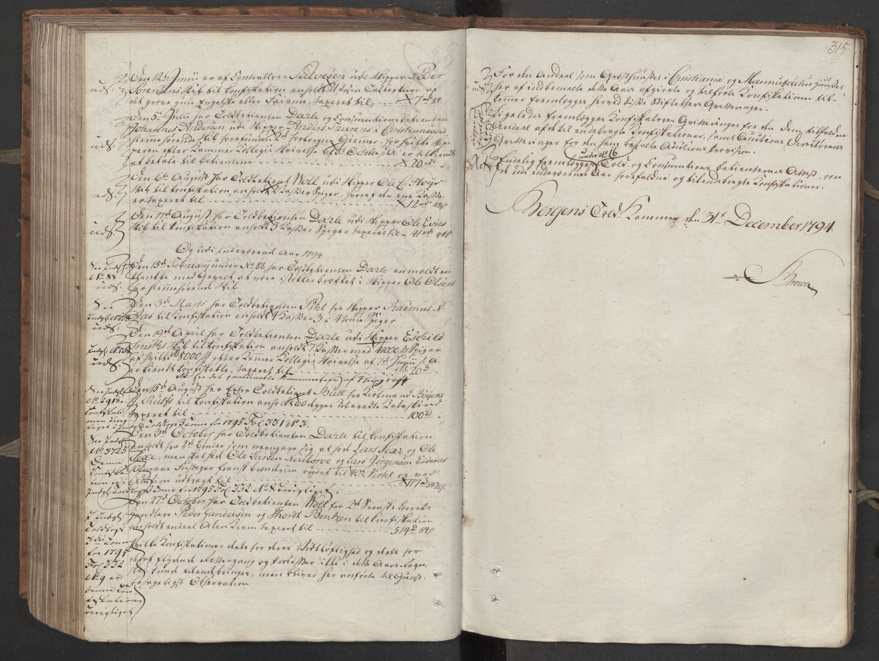 Generaltollkammeret, tollregnskaper, AV/RA-EA-5490/R26/L0276/0001: Tollregnskaper Bergen A / Inngående tollbok III, 1794, s. 314b-315a
