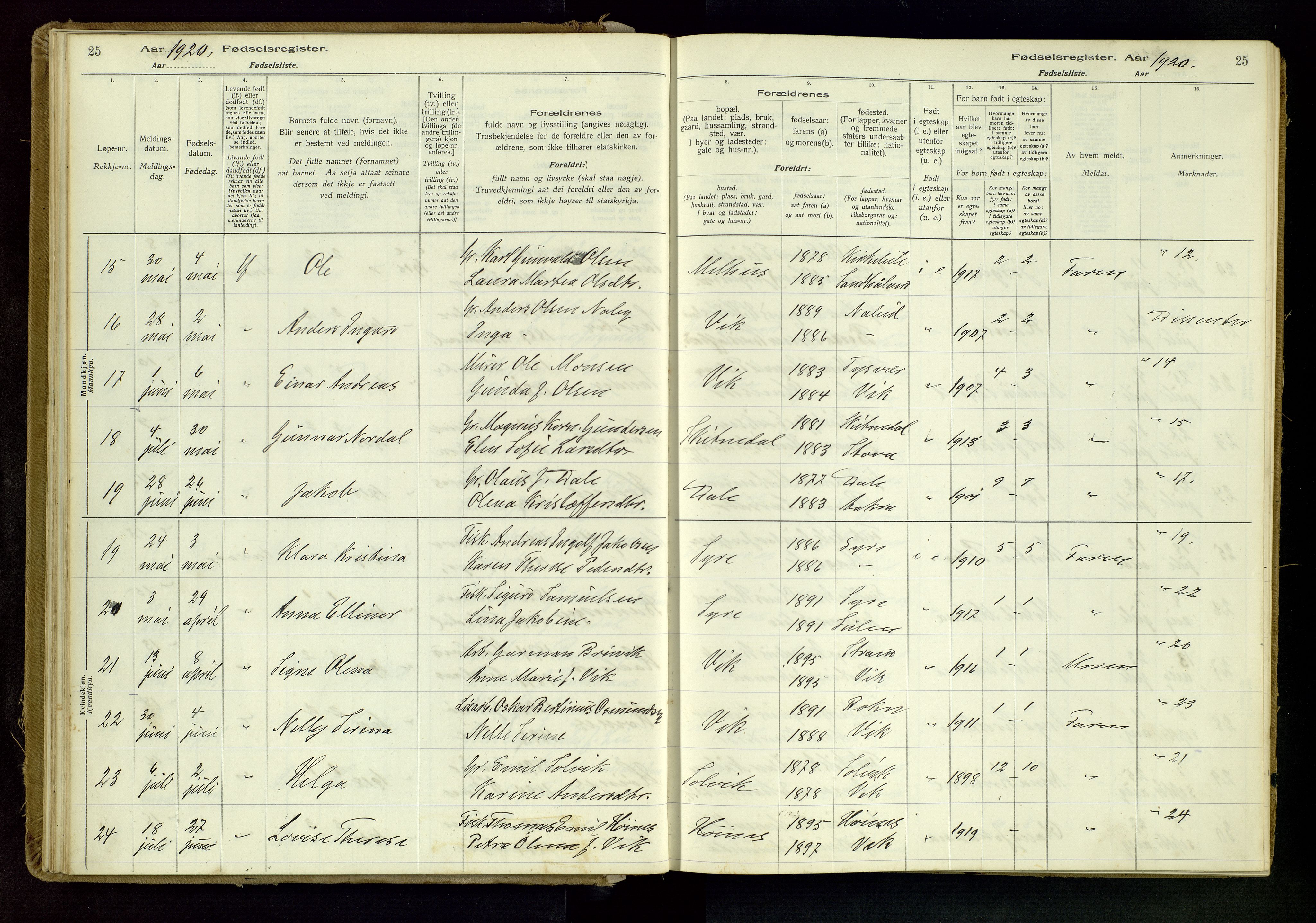 Skudenes sokneprestkontor, SAST/A -101849/I/Id/L0001: Fødselsregister nr. 1, 1916-1964, s. 25