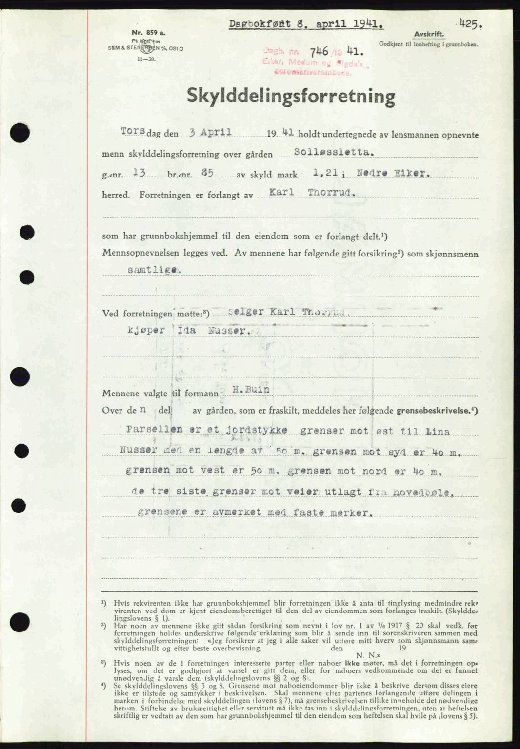 Eiker, Modum og Sigdal sorenskriveri, SAKO/A-123/G/Ga/Gab/L0043: Pantebok nr. A13, 1940-1941, Dagboknr: 746/1941