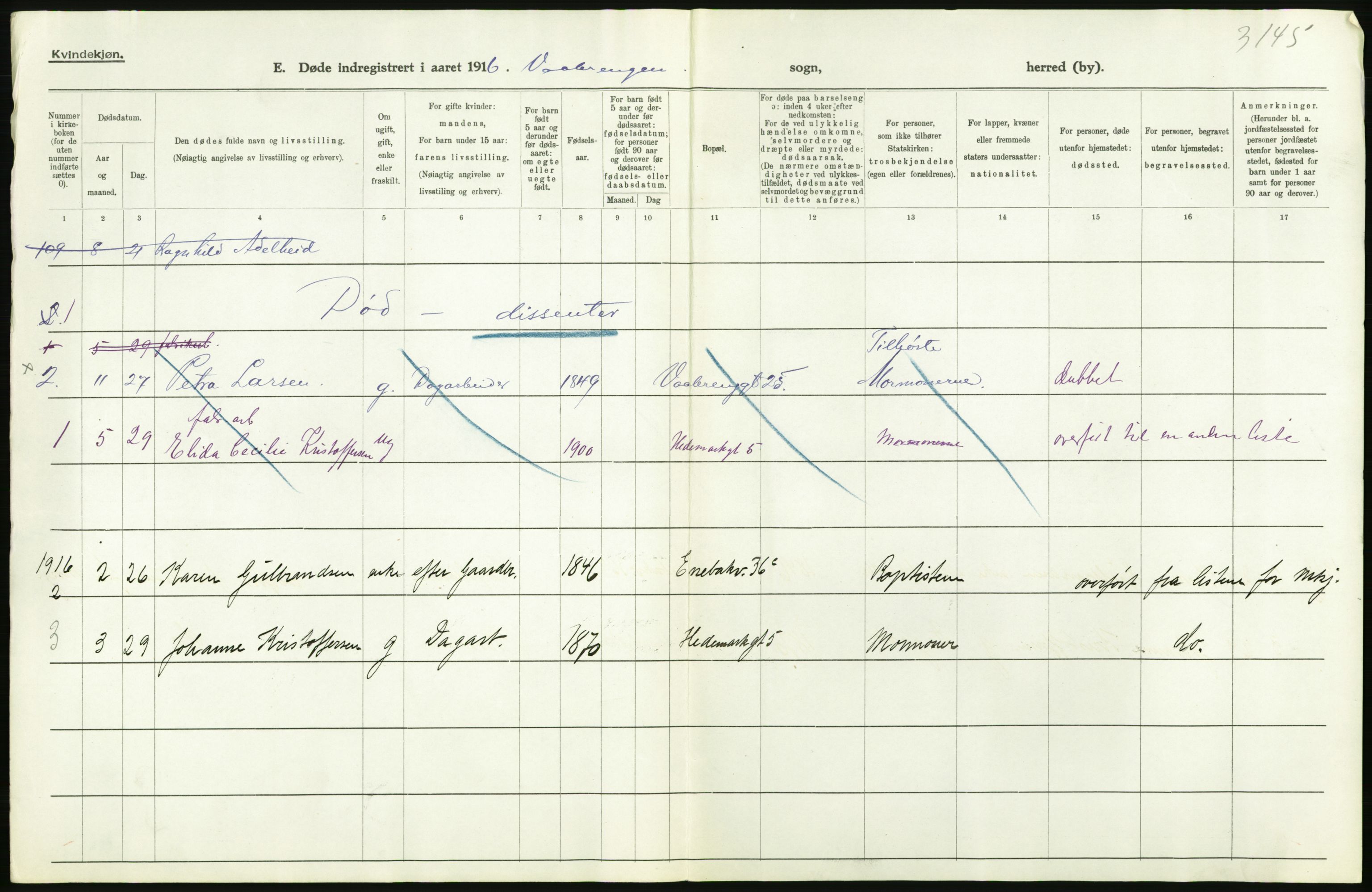 Statistisk sentralbyrå, Sosiodemografiske emner, Befolkning, AV/RA-S-2228/D/Df/Dfb/Dfbf/L0009: Kristiania: Døde., 1916, s. 358