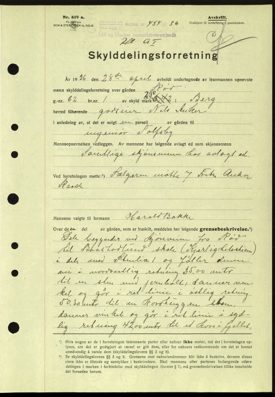 Idd og Marker sorenskriveri, AV/SAO-A-10283/G/Gb/Gbb/L0001: Pantebok nr. A1, 1936-1937, Dagboknr: 454/1936