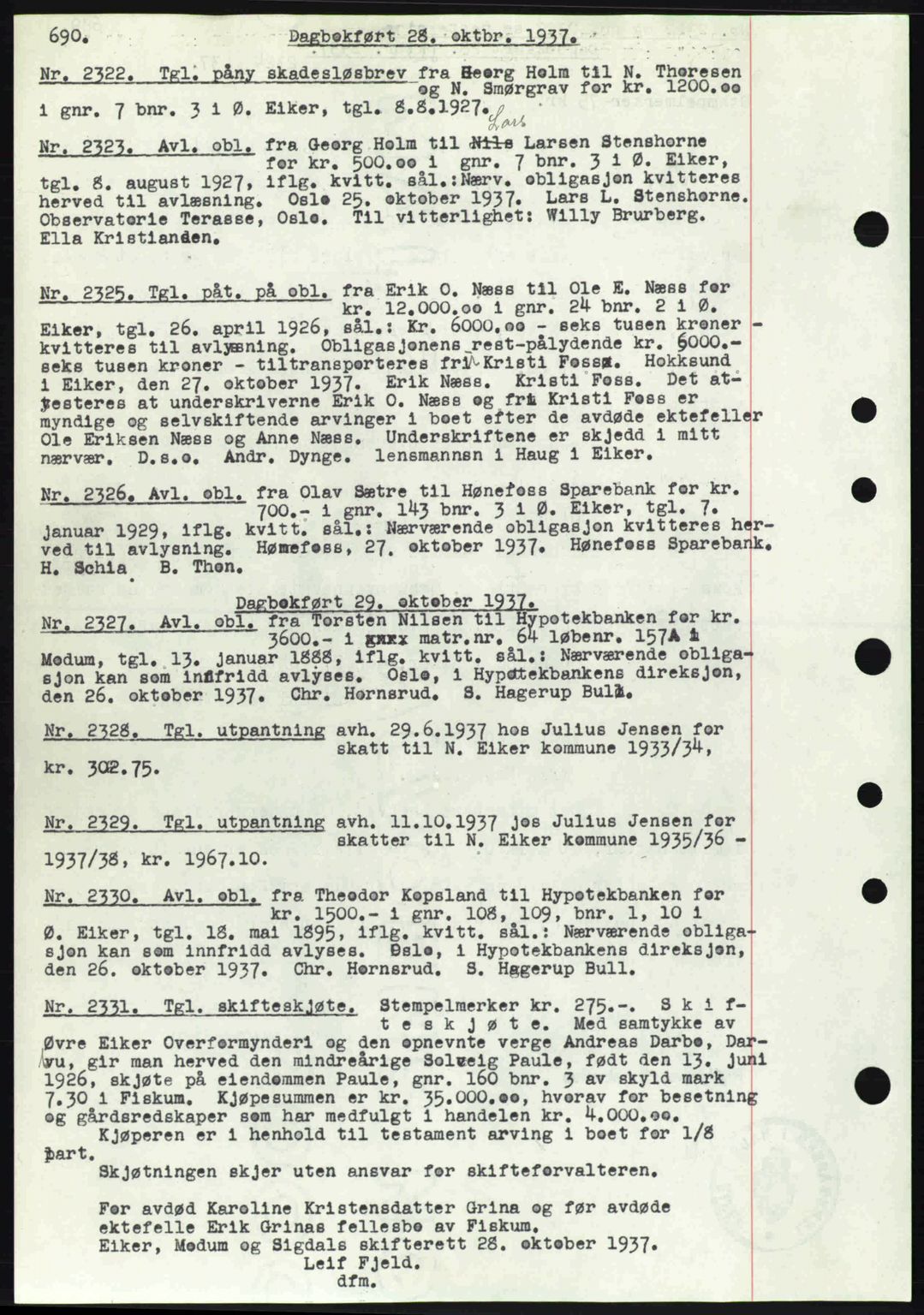 Eiker, Modum og Sigdal sorenskriveri, SAKO/A-123/G/Ga/Gab/L0036: Pantebok nr. A6, 1937-1937, Dagboknr: 2325/1937