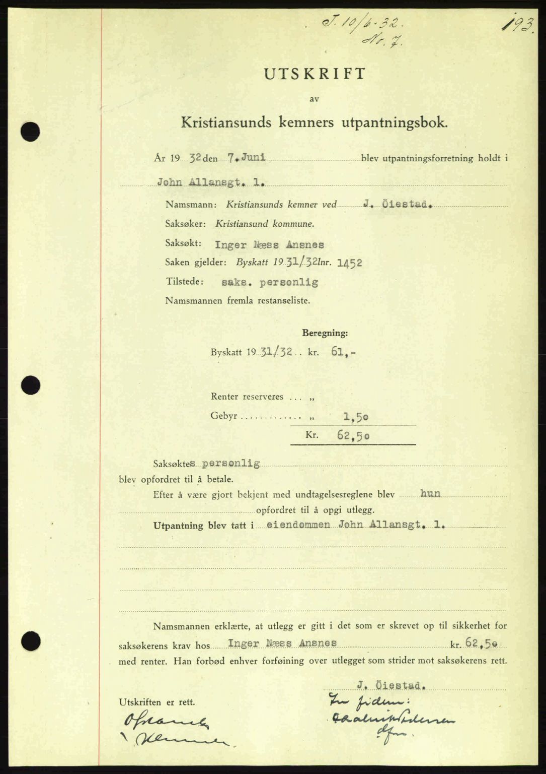 Kristiansund byfogd, AV/SAT-A-4587/A/27: Pantebok nr. 26, 1931-1933, Tingl.dato: 10.06.1932