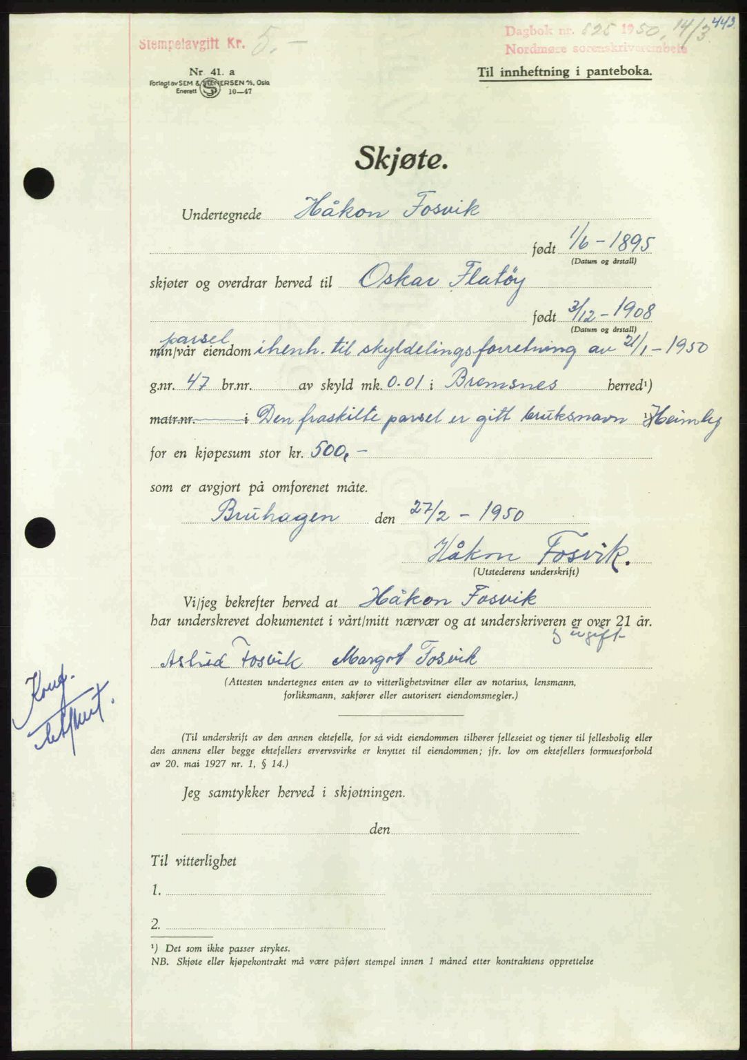 Nordmøre sorenskriveri, AV/SAT-A-4132/1/2/2Ca: Pantebok nr. A114, 1950-1950, Dagboknr: 825/1950