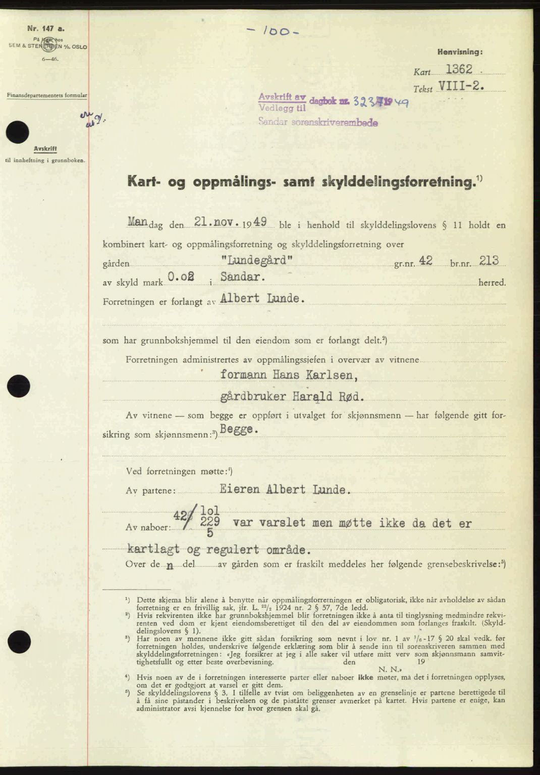 Sandar sorenskriveri, SAKO/A-86/G/Ga/Gaa/L0020: Pantebok nr. A-20, 1949-1950, Dagboknr: 3231/1949