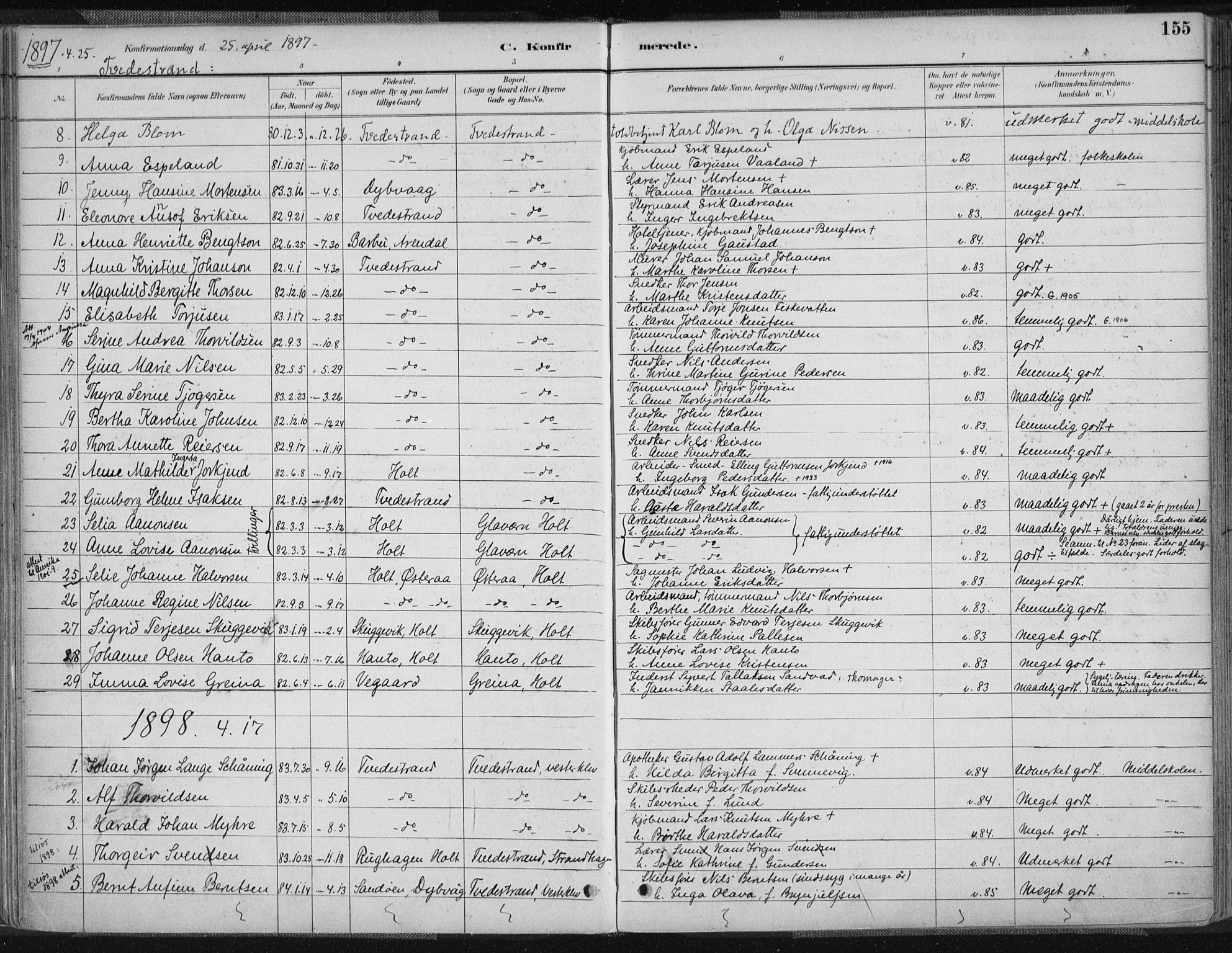 Tvedestrand sokneprestkontor, AV/SAK-1111-0042/F/Fa/L0001: Ministerialbok nr. A 1, 1885-1916, s. 155