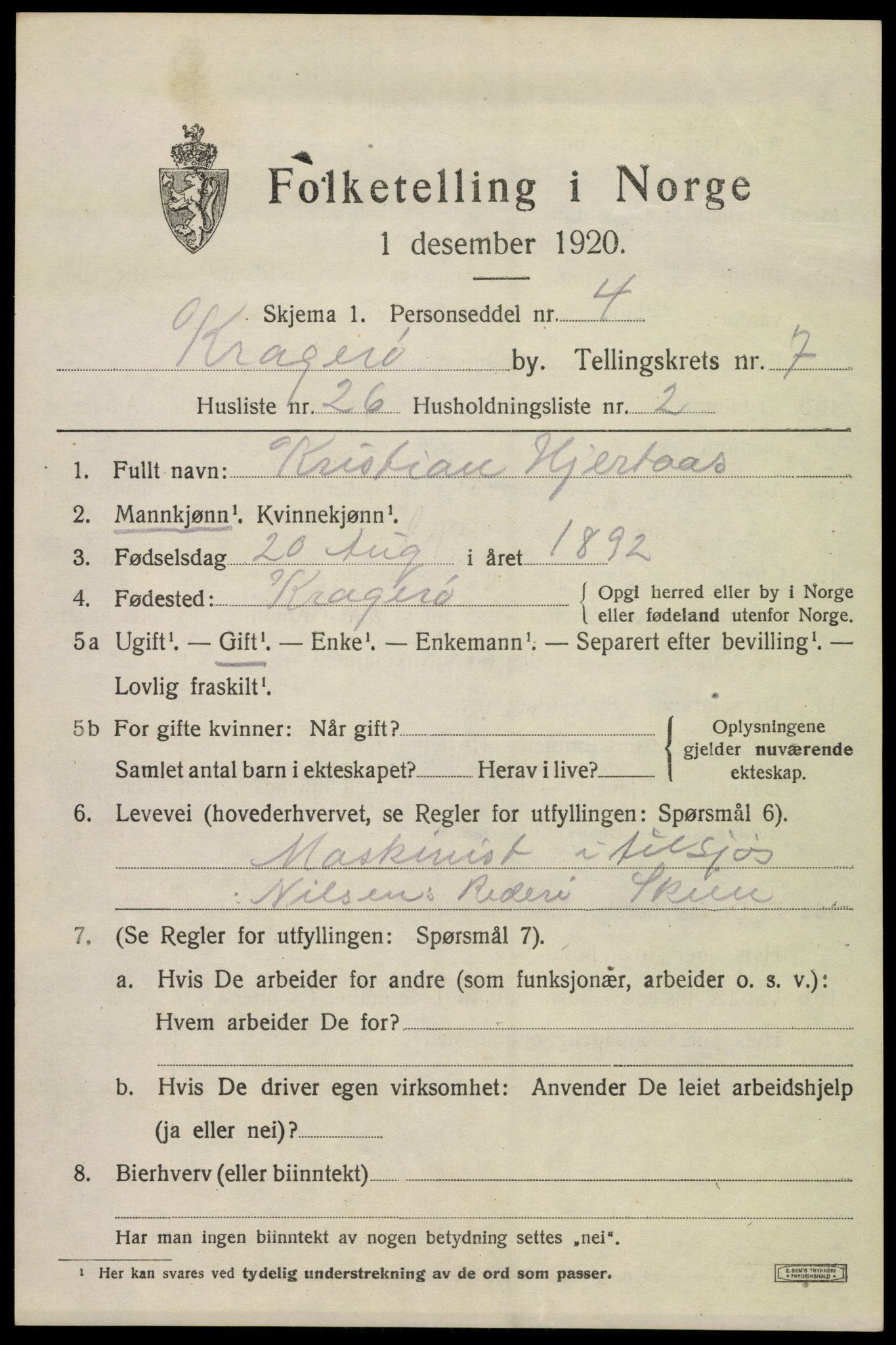 SAKO, Folketelling 1920 for 0801 Kragerø kjøpstad, 1920, s. 9991