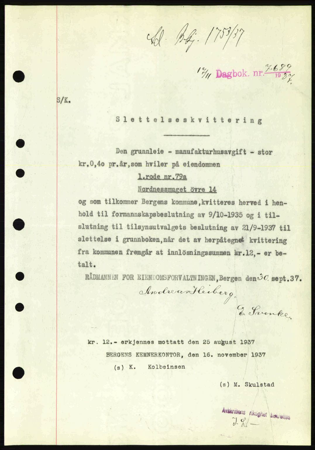 Byfogd og Byskriver i Bergen, SAB/A-3401/03/03Bc/L0006: Pantebok nr. A5, 1937-1938, Dagboknr: 7689/1937