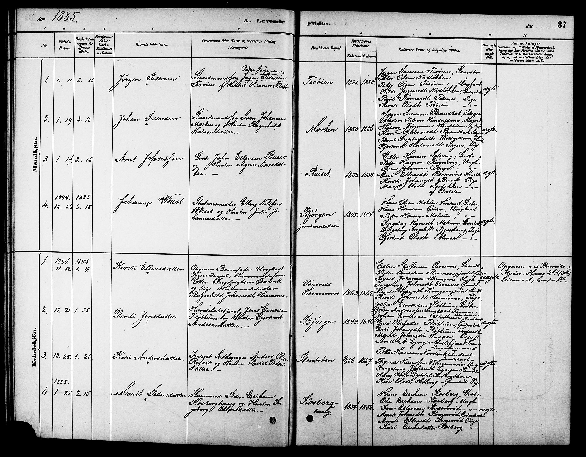 Ministerialprotokoller, klokkerbøker og fødselsregistre - Sør-Trøndelag, AV/SAT-A-1456/688/L1024: Ministerialbok nr. 688A01, 1879-1890, s. 37