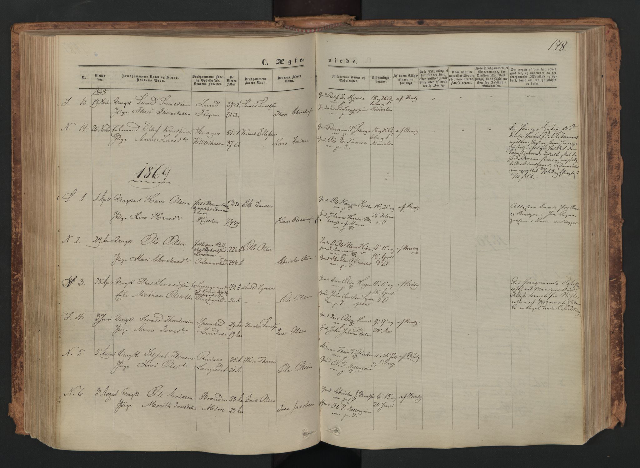 Skjåk prestekontor, AV/SAH-PREST-072/H/Ha/Haa/L0001: Ministerialbok nr. 1, 1863-1879, s. 178