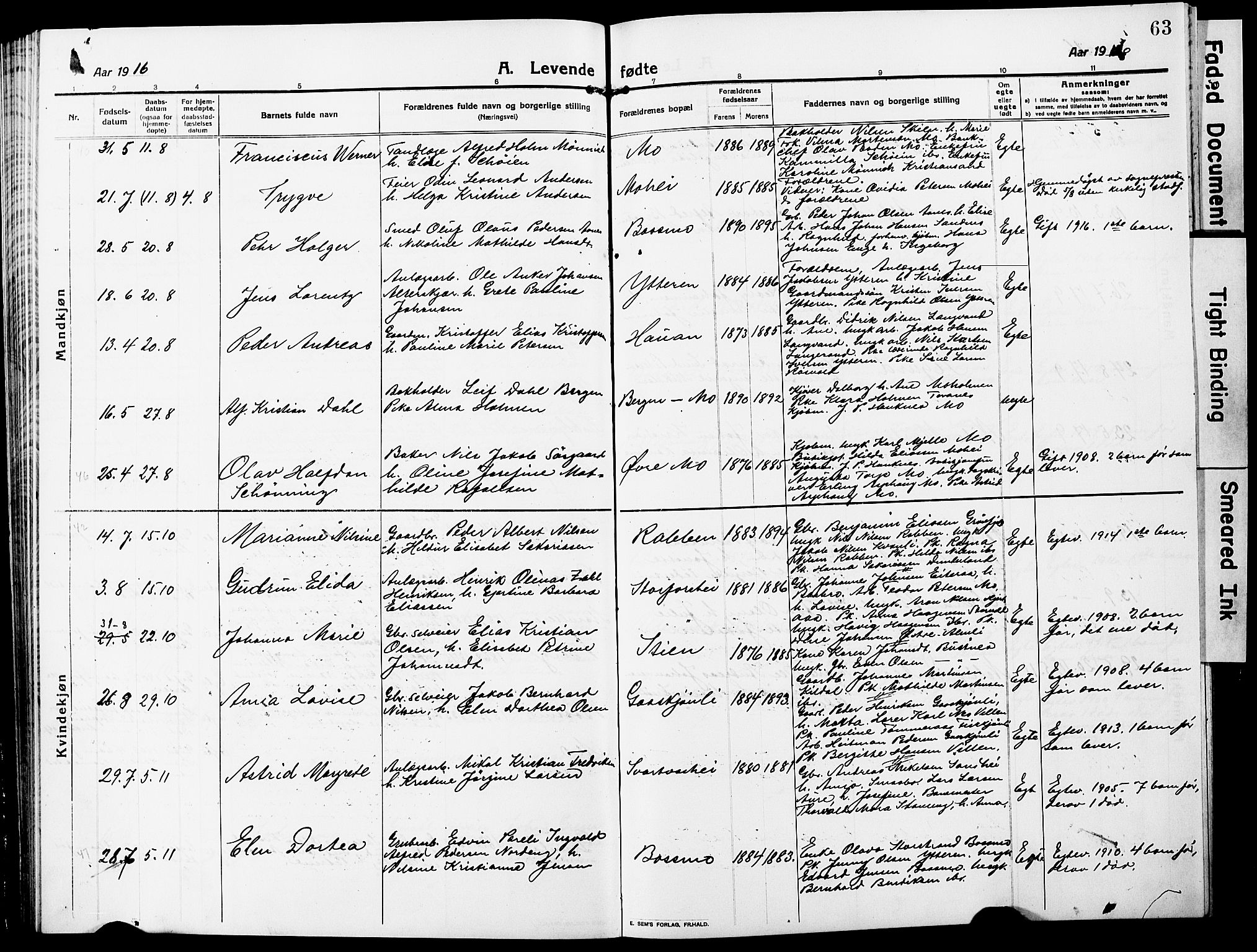 Ministerialprotokoller, klokkerbøker og fødselsregistre - Nordland, AV/SAT-A-1459/827/L0423: Klokkerbok nr. 827C12, 1912-1930, s. 63