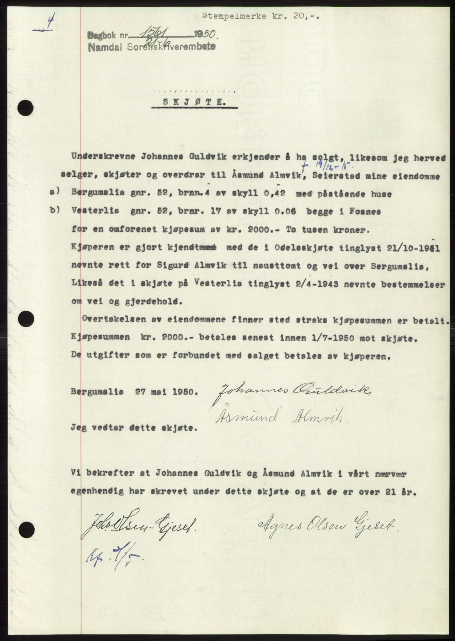 Namdal sorenskriveri, AV/SAT-A-4133/1/2/2C: Pantebok nr. -, 1950-1950, Dagboknr: 1561/1950