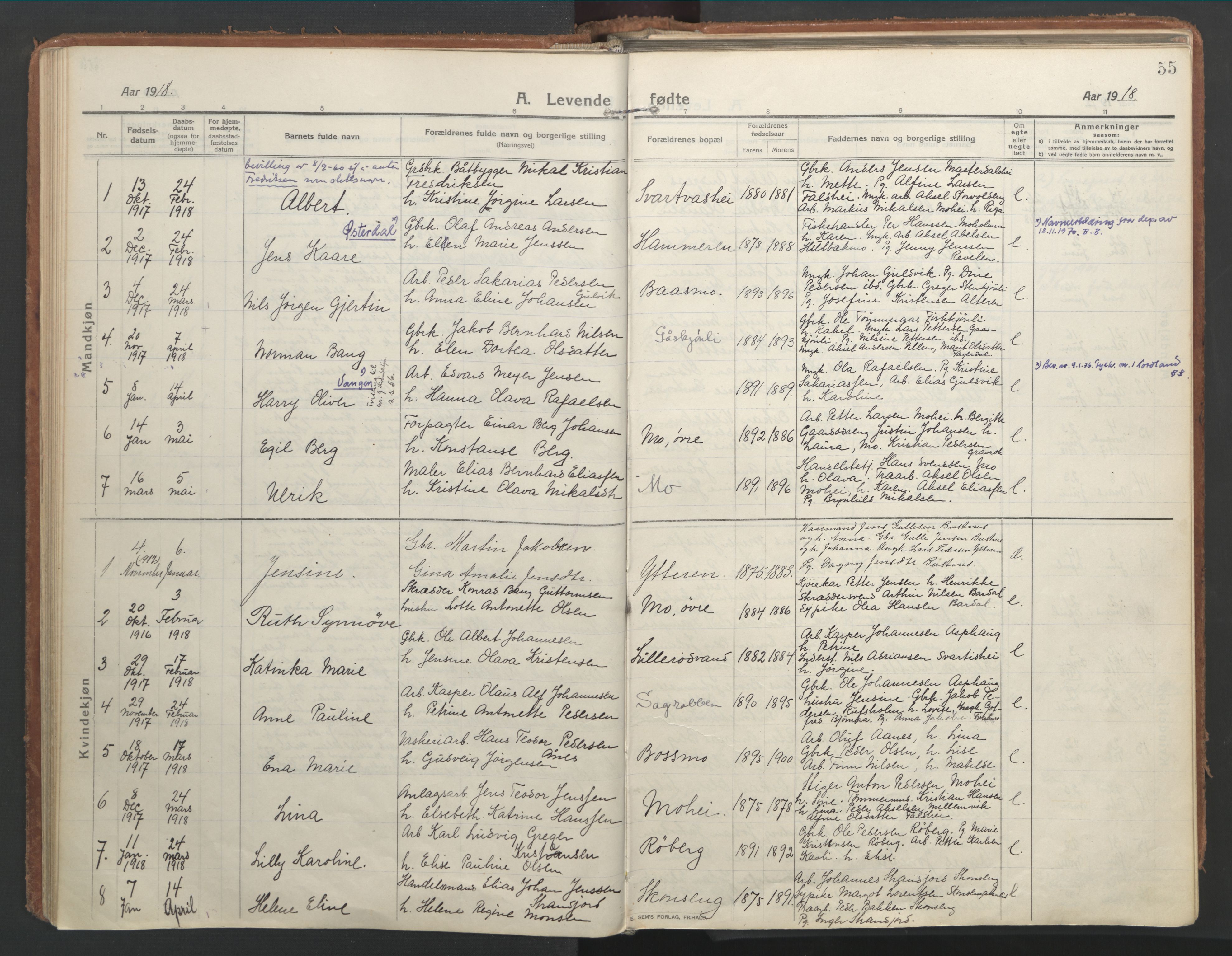 Ministerialprotokoller, klokkerbøker og fødselsregistre - Nordland, AV/SAT-A-1459/827/L0404: Ministerialbok nr. 827A16, 1912-1925, s. 55