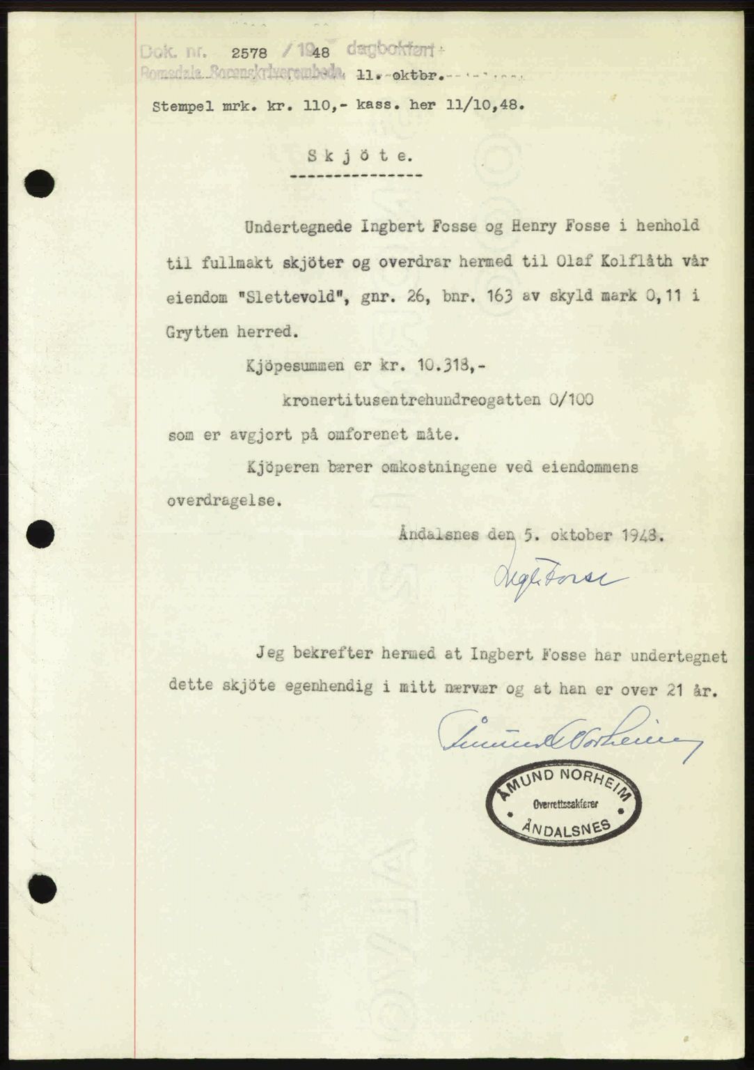 Romsdal sorenskriveri, SAT/A-4149/1/2/2C: Pantebok nr. A27, 1948-1948, Dagboknr: 2578/1948