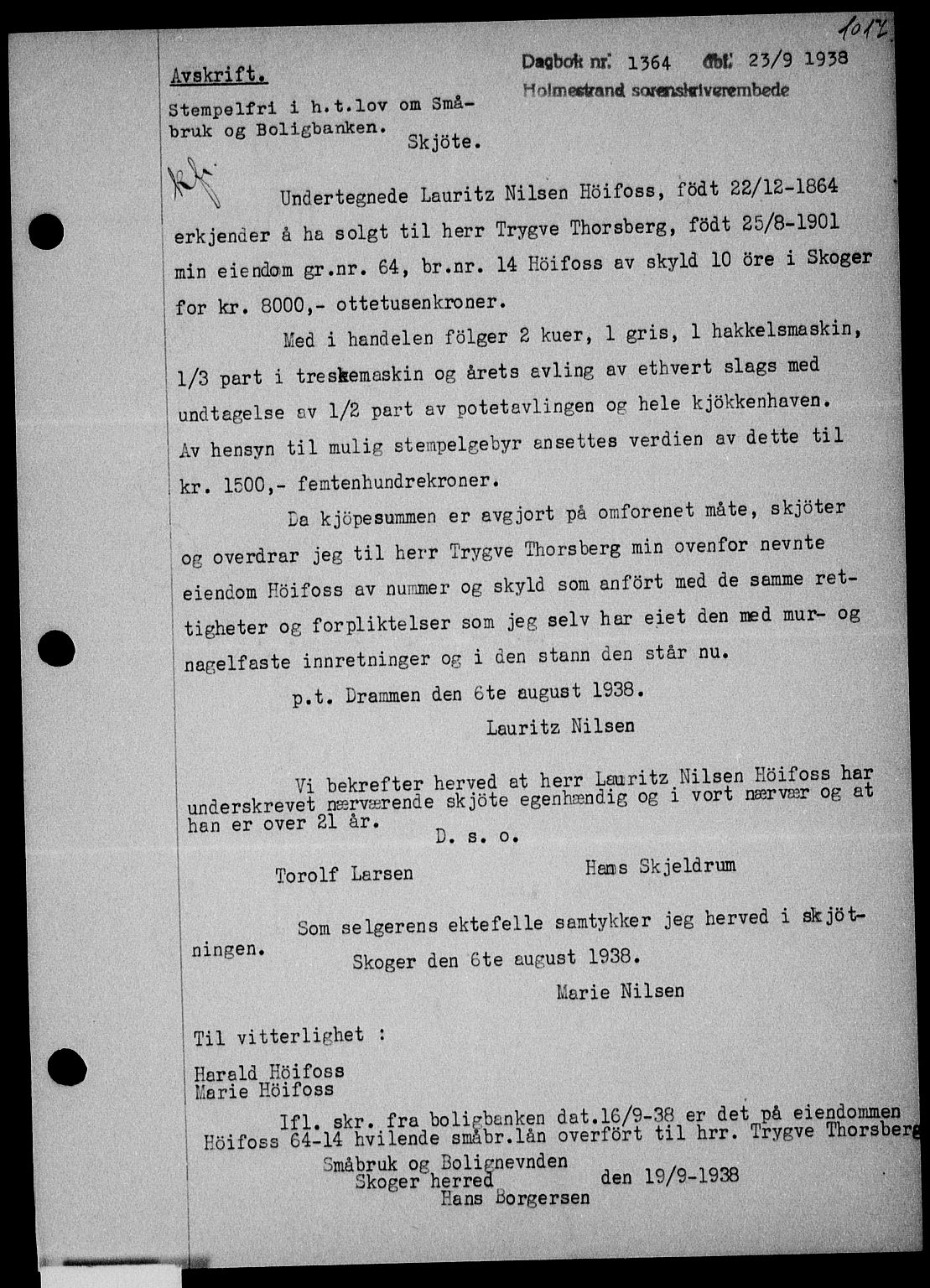 Holmestrand sorenskriveri, SAKO/A-67/G/Ga/Gaa/L0049: Pantebok nr. A-49, 1937-1938, Dagboknr: 1364/1938