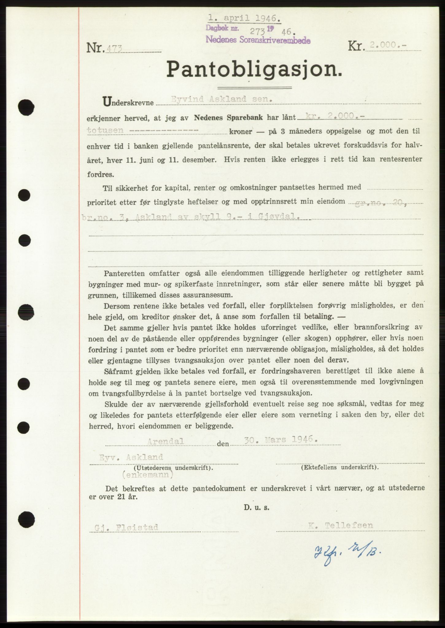 Nedenes sorenskriveri, SAK/1221-0006/G/Gb/Gbb/L0003: Pantebok nr. B3b, 1946-1946, Dagboknr: 273/1946