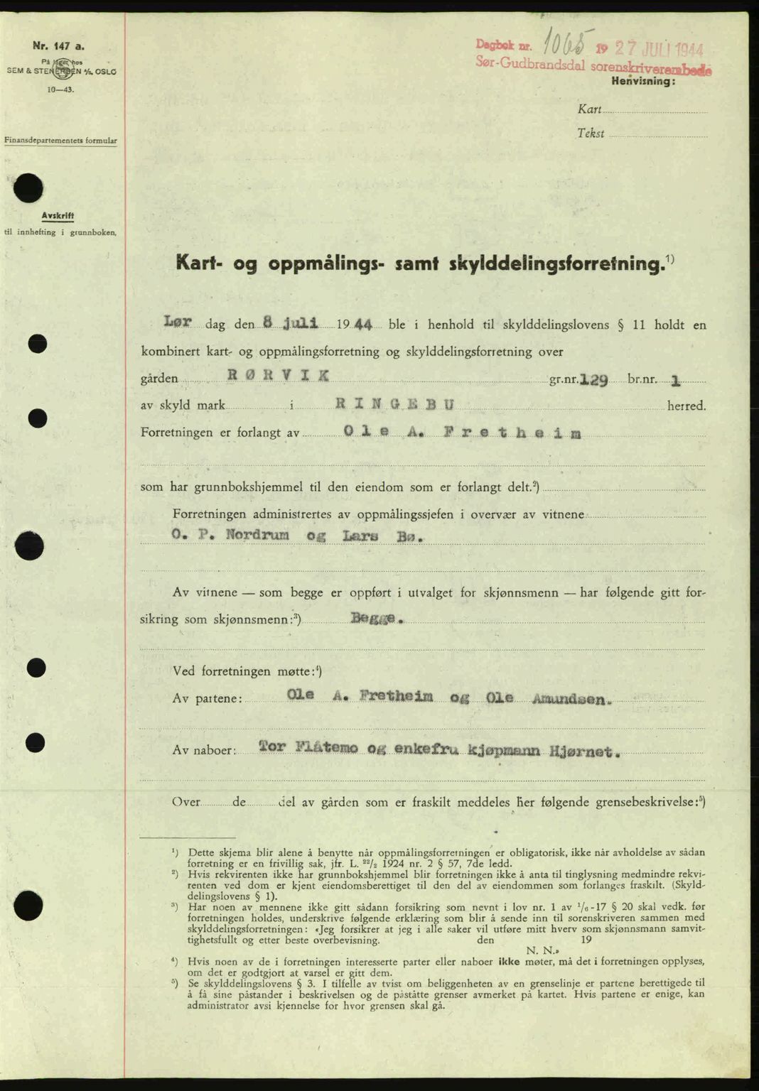 Sør-Gudbrandsdal tingrett, SAH/TING-004/H/Hb/Hbd/L0013: Pantebok nr. A13, 1944-1944, Dagboknr: 1065/1944