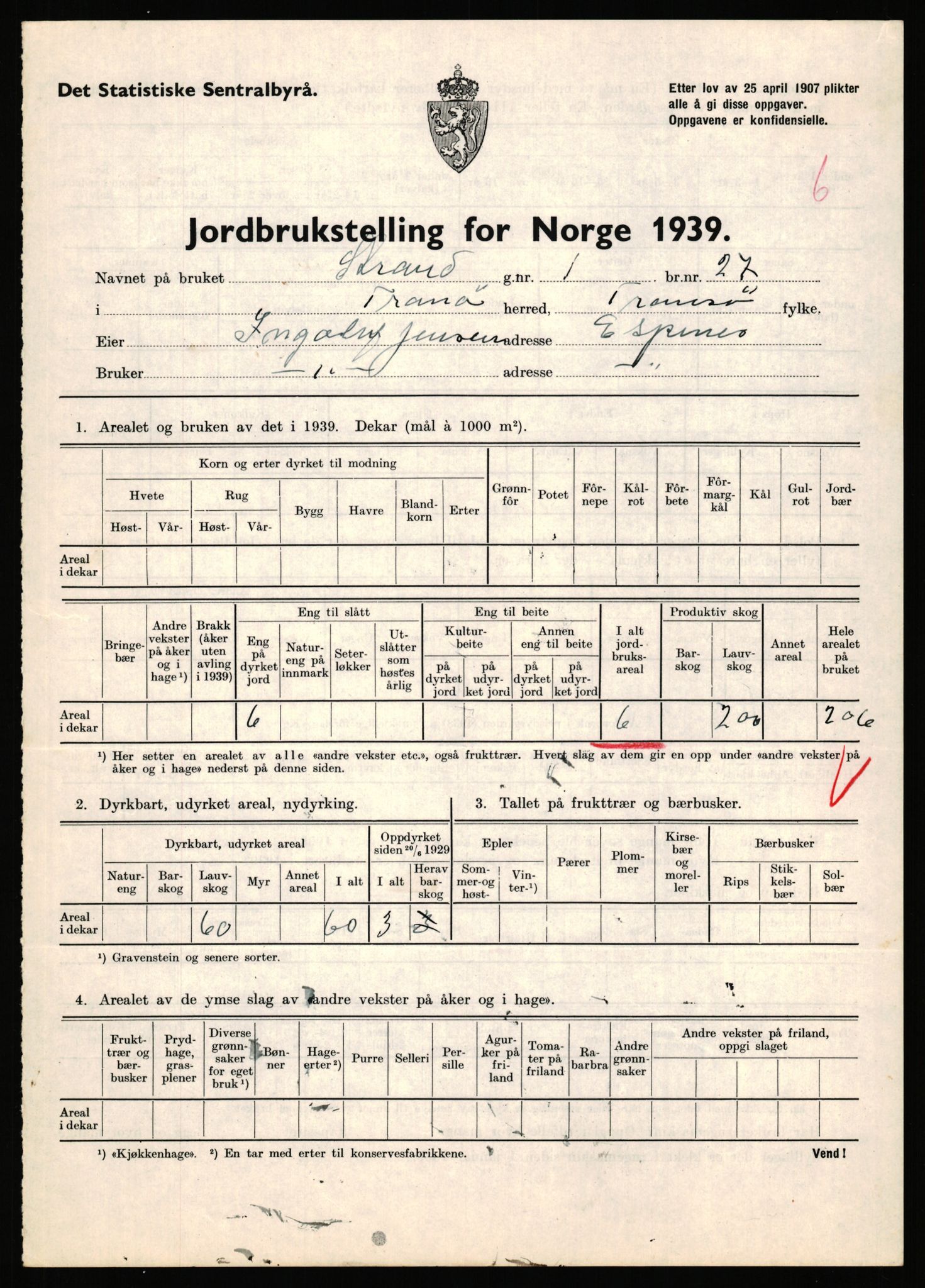 Statistisk sentralbyrå, Næringsøkonomiske emner, Jordbruk, skogbruk, jakt, fiske og fangst, AV/RA-S-2234/G/Gb/L0341: Troms: Sørreisa og Tranøy, 1939, s. 910