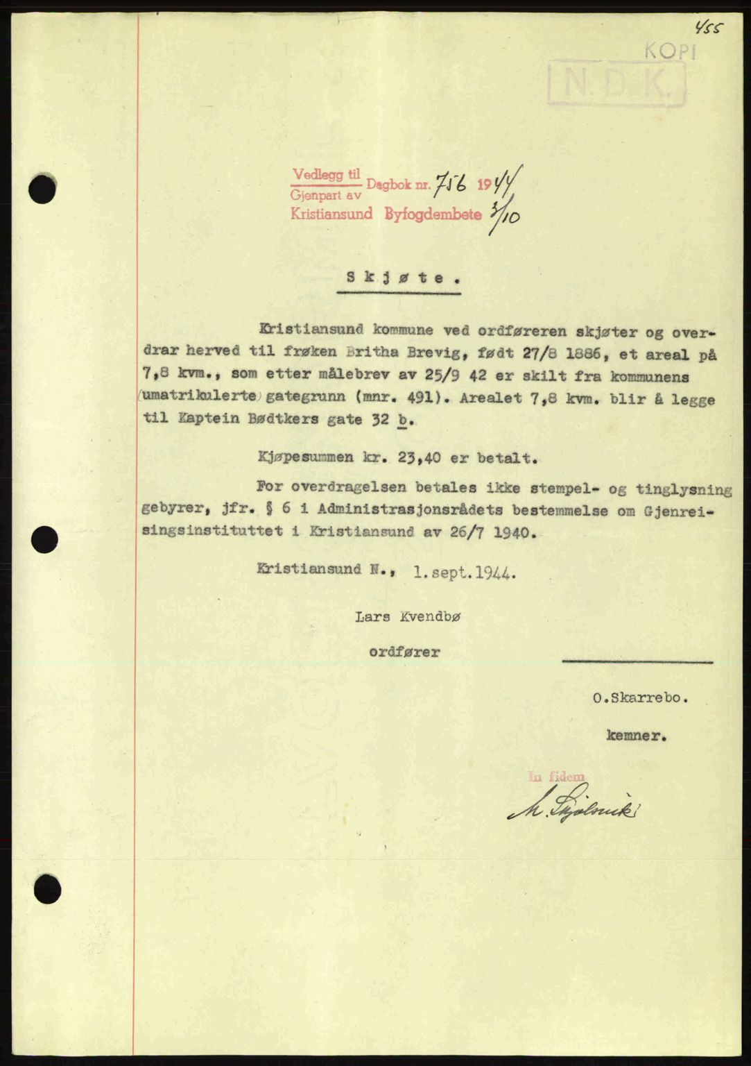 Kristiansund byfogd, AV/SAT-A-4587/A/27: Pantebok nr. 34, 1941-1945, Dagboknr: 756/1944