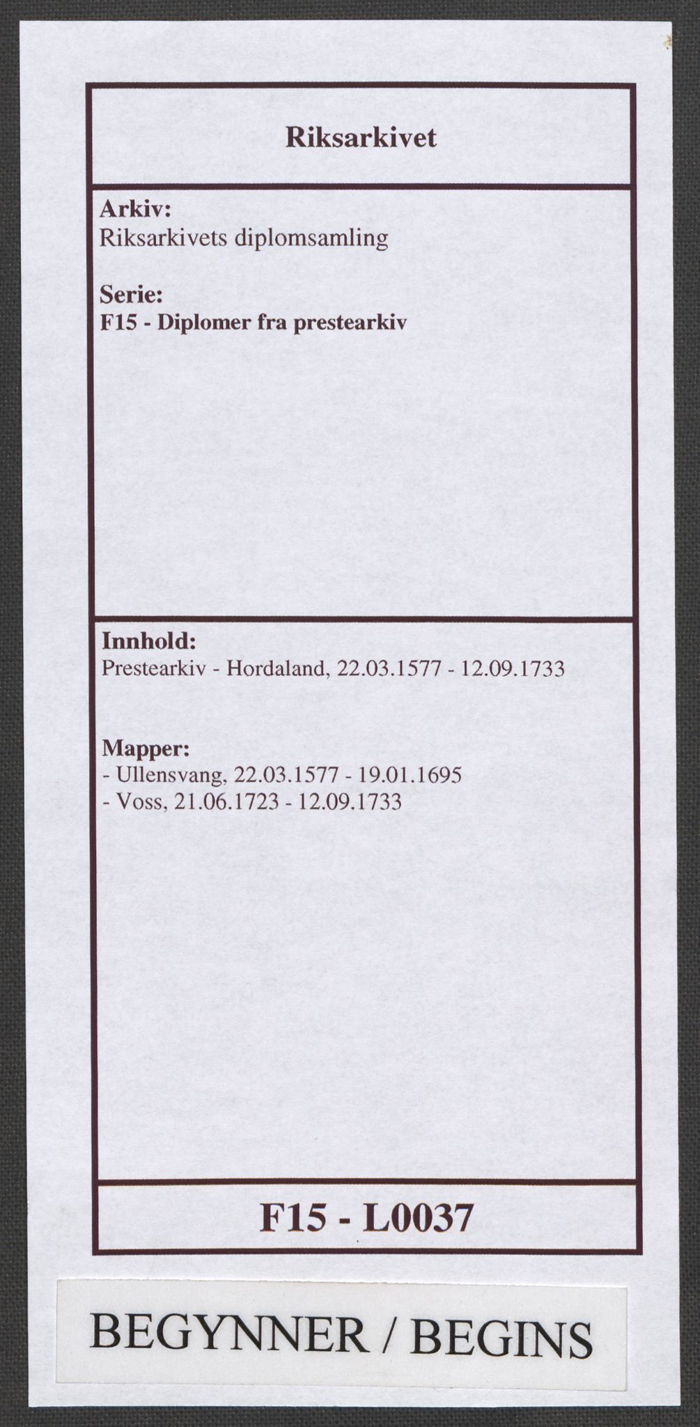 Riksarkivets diplomsamling, RA/EA-5965/F15/L0037: Prestearkiv - Hordaland, 1577-1733, s. 1