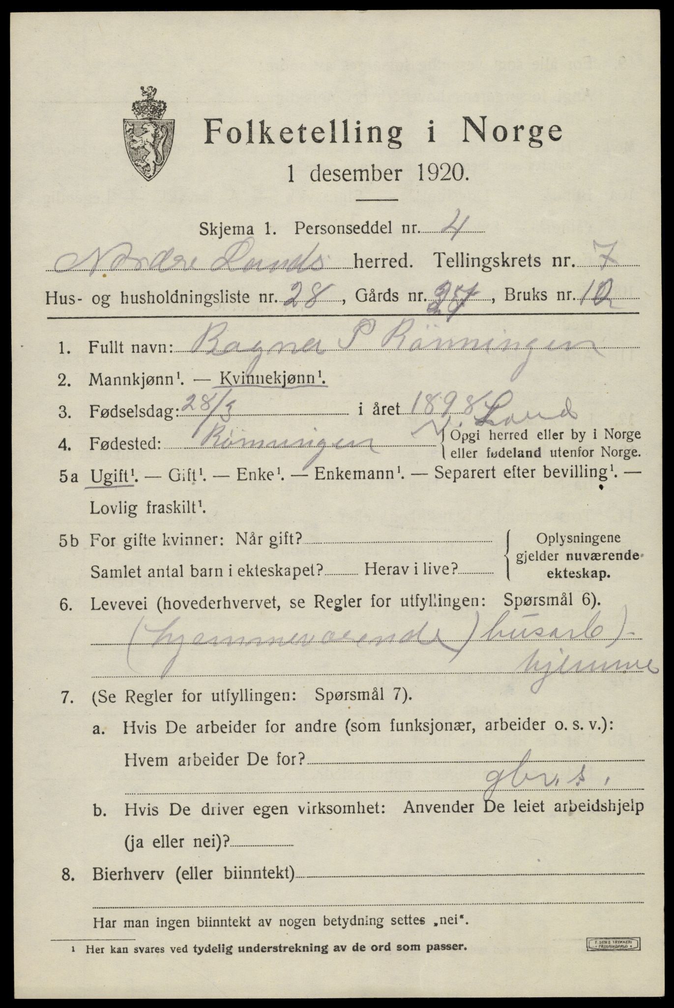 SAH, Folketelling 1920 for 0538 Nordre Land herred, 1920, s. 4742